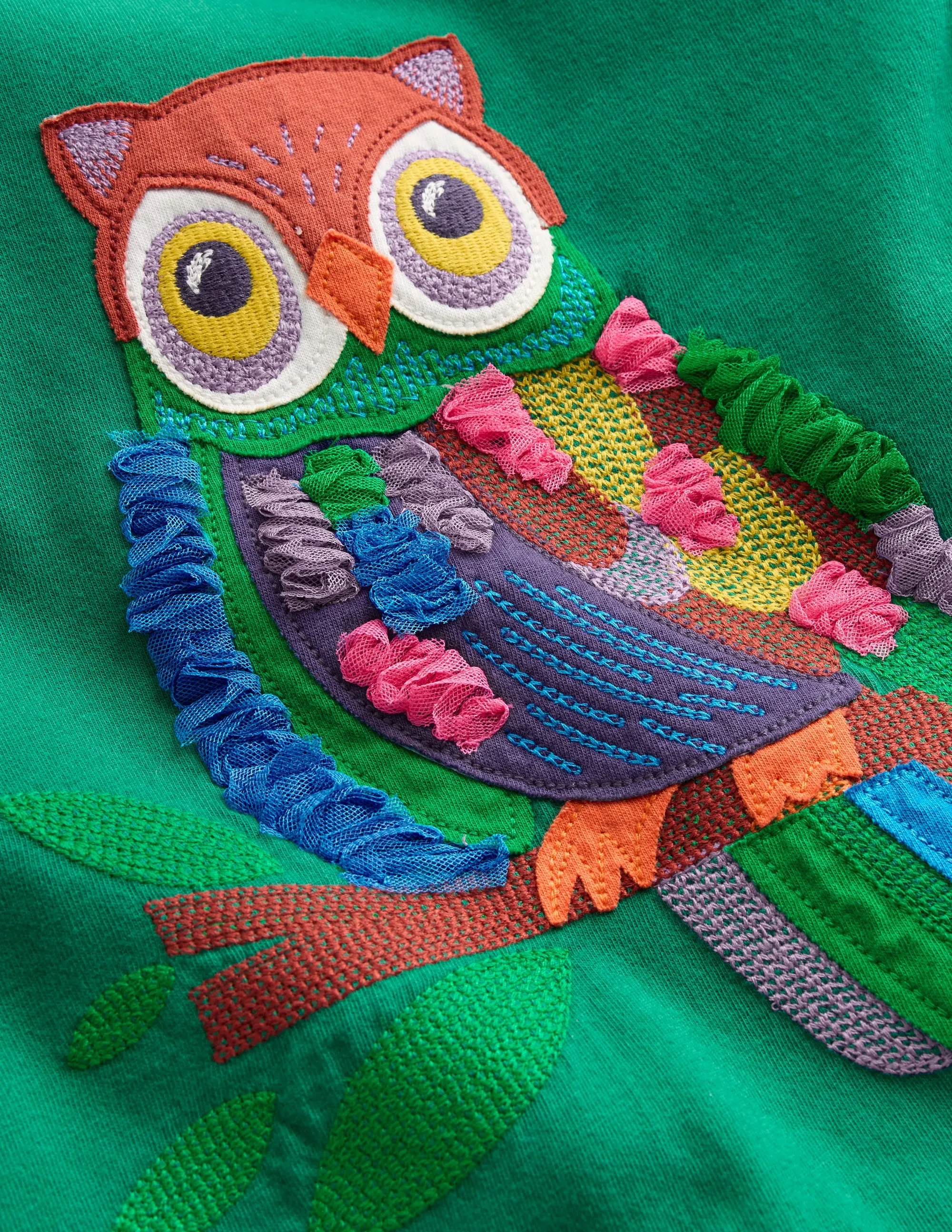 Puff Sleeve Applique T-Shirt-Green Owl Outdoor Fashion