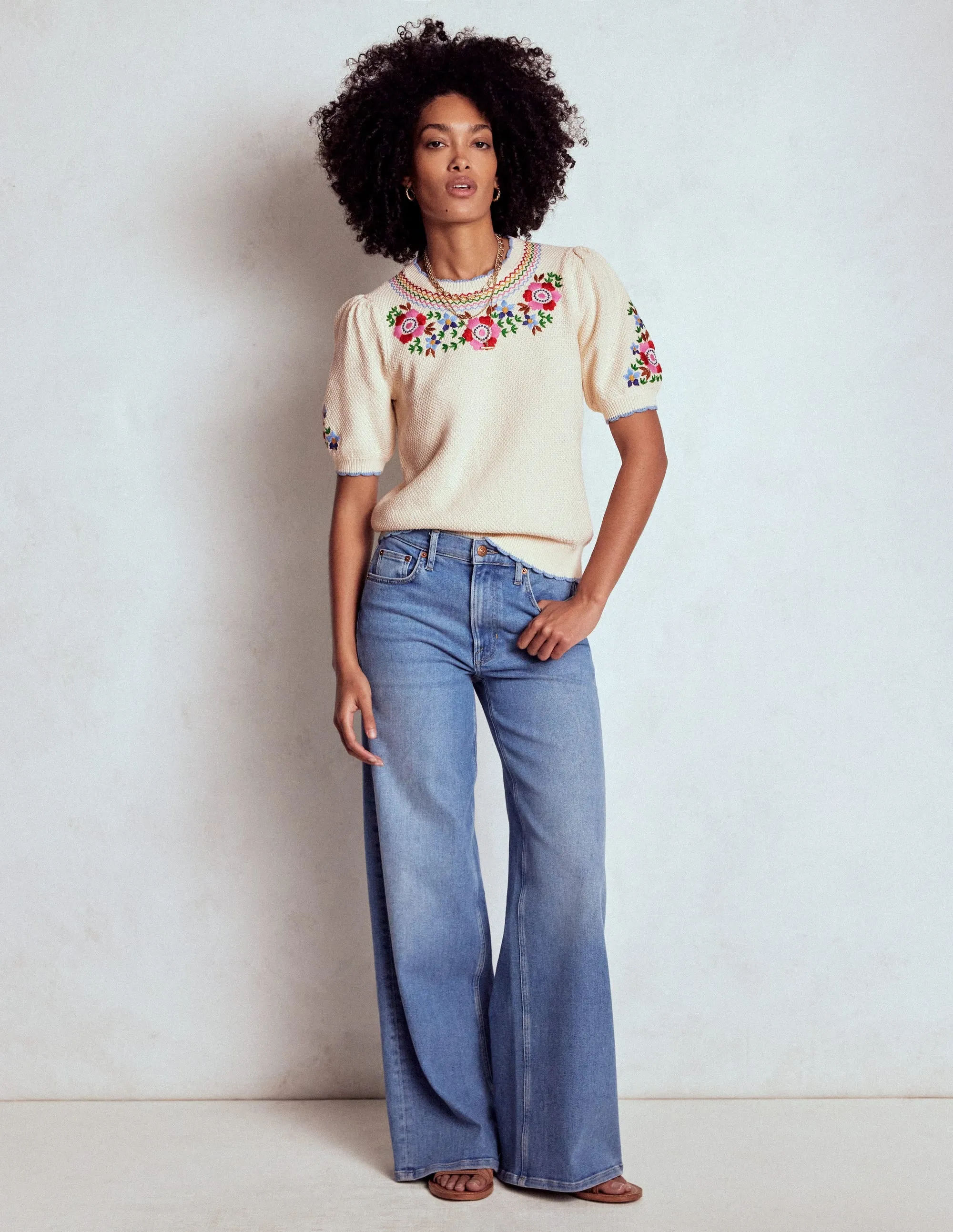 ZeroWaste Knitting Technique Ribbed Detailing Puff Sleeve Embroidery T-shirt-Warm Ivory