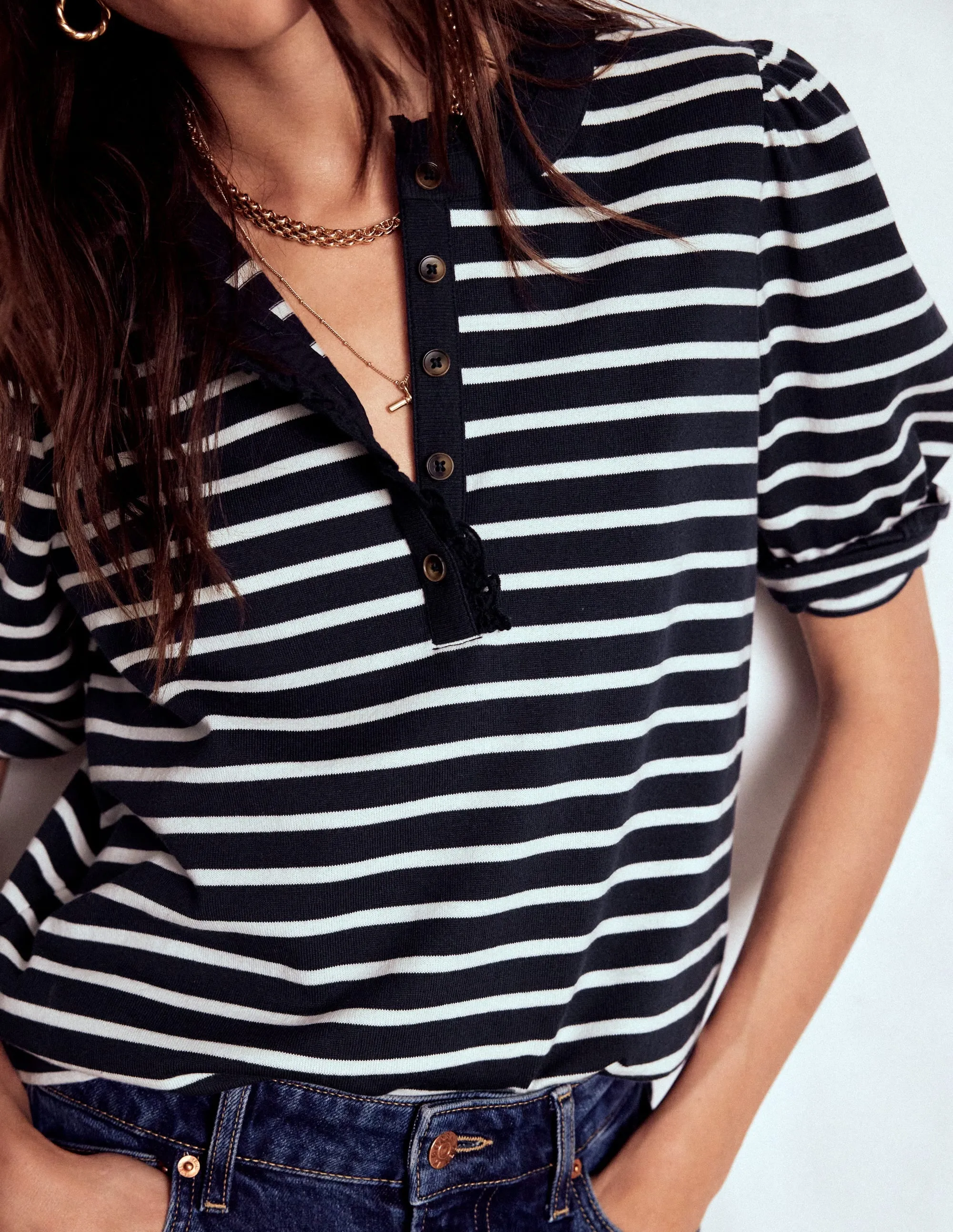 Puff Sleeve Henley-Navy, Ivory Stripe VentilatedArmholes Layered Panel Construction