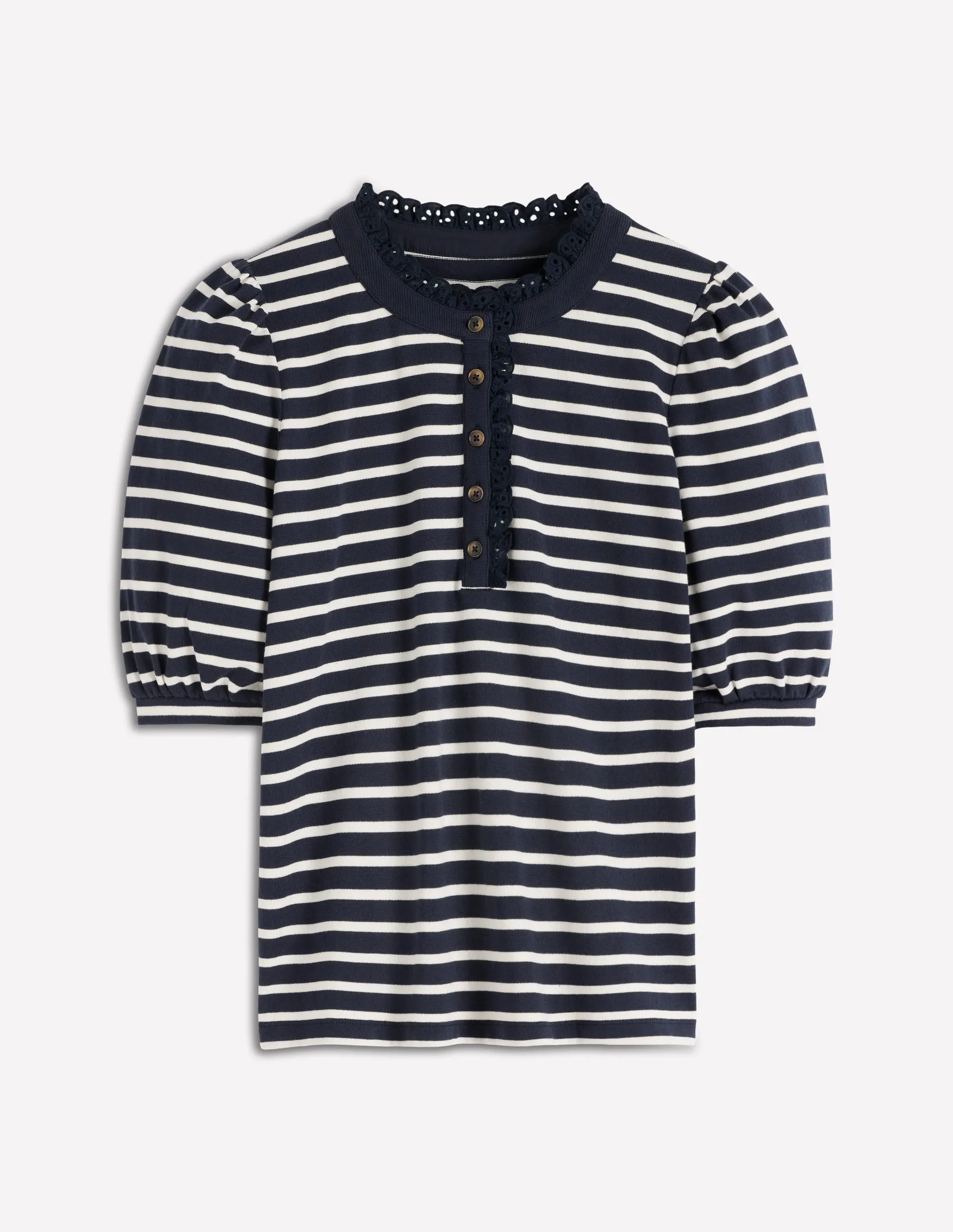 Scoop Neck Shape Puff Sleeve Henley-Navy, Ivory Stripe