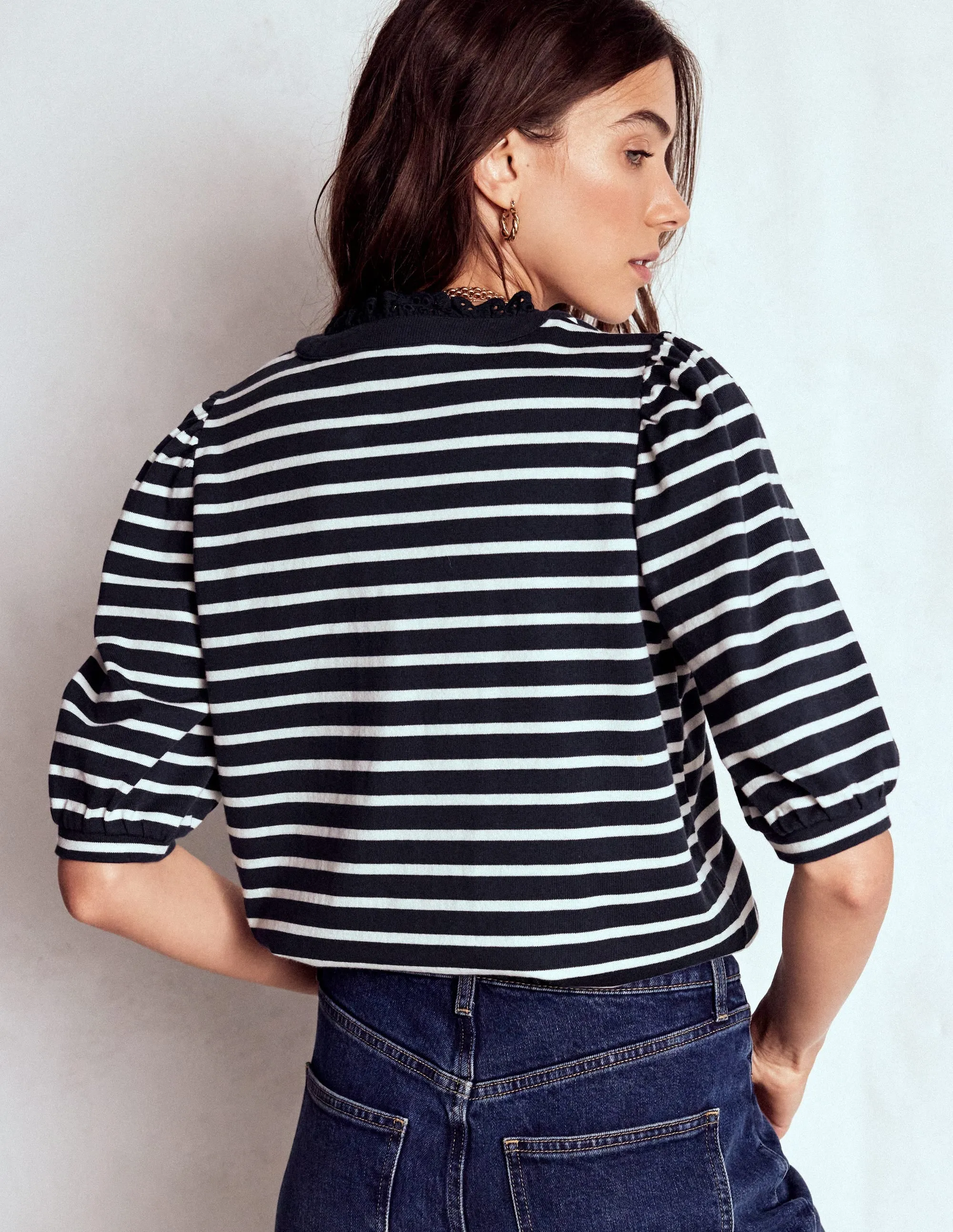 Puff Sleeve Henley-Navy, Ivory Stripe HypoallergenicMaterial