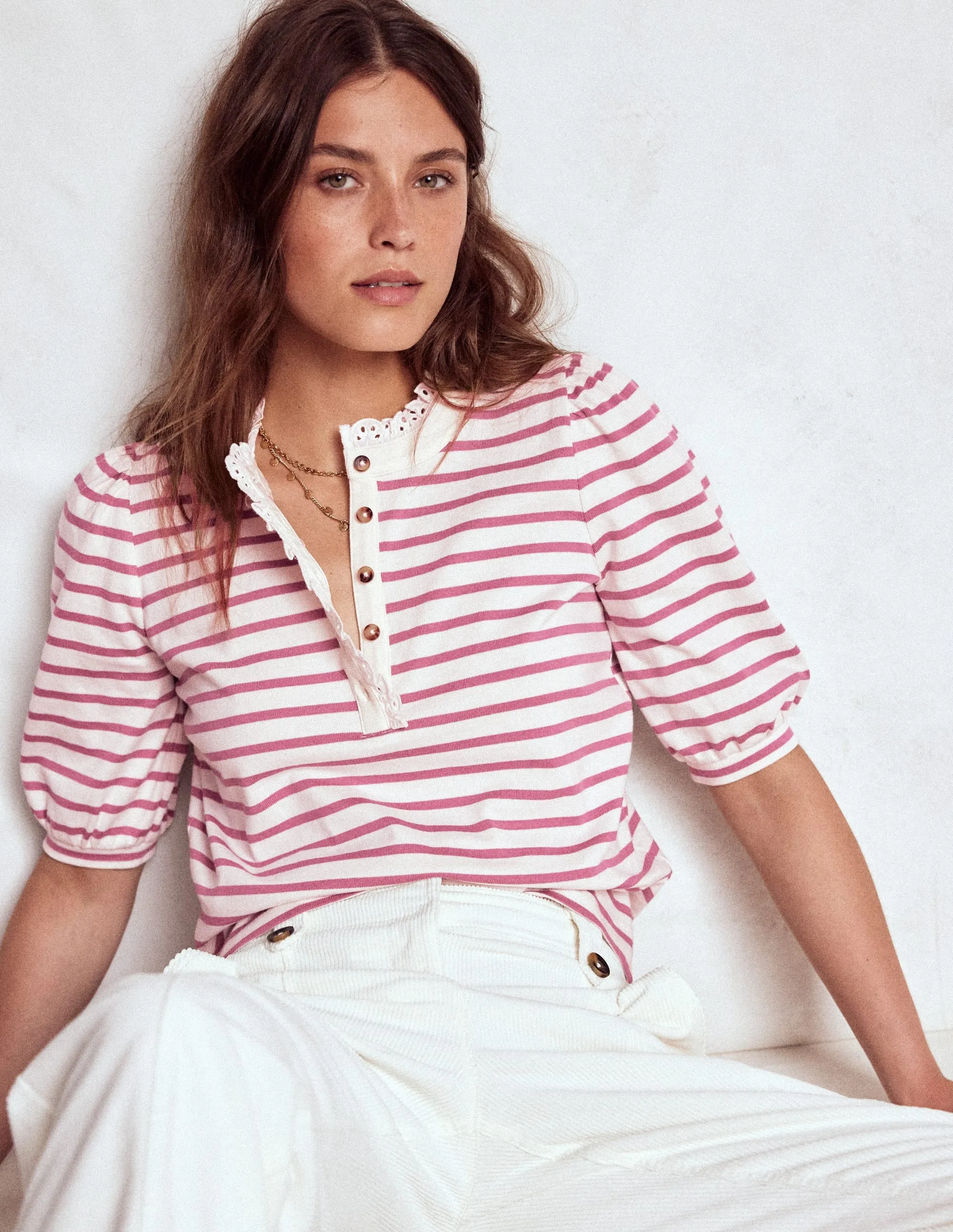 Relaxed Fit Shirt Puff Sleeve Henley-Pink Heather, Ivory Stripe