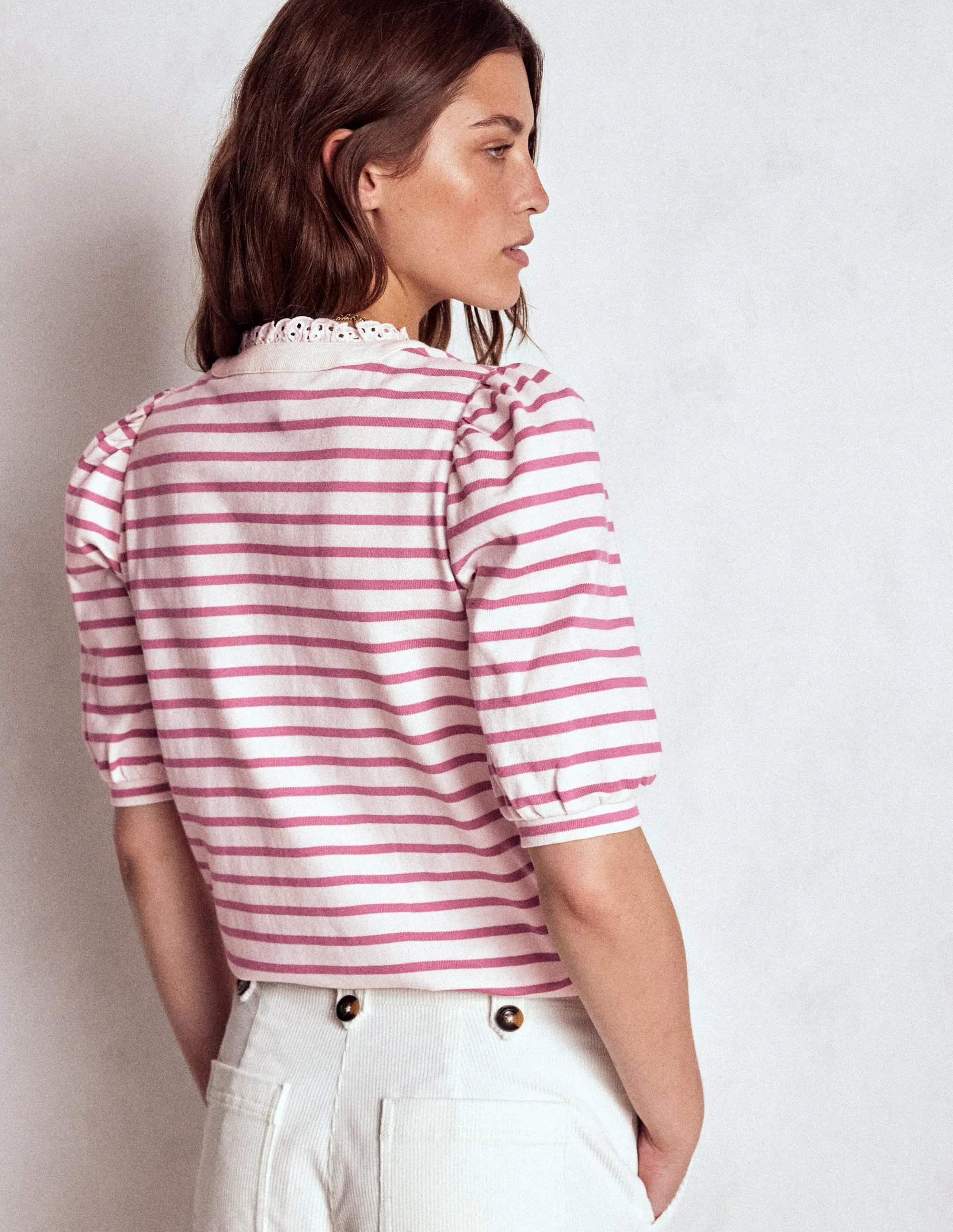 Puff Sleeve Henley-Pink Heather, Ivory Stripe AntiPillingTechnology