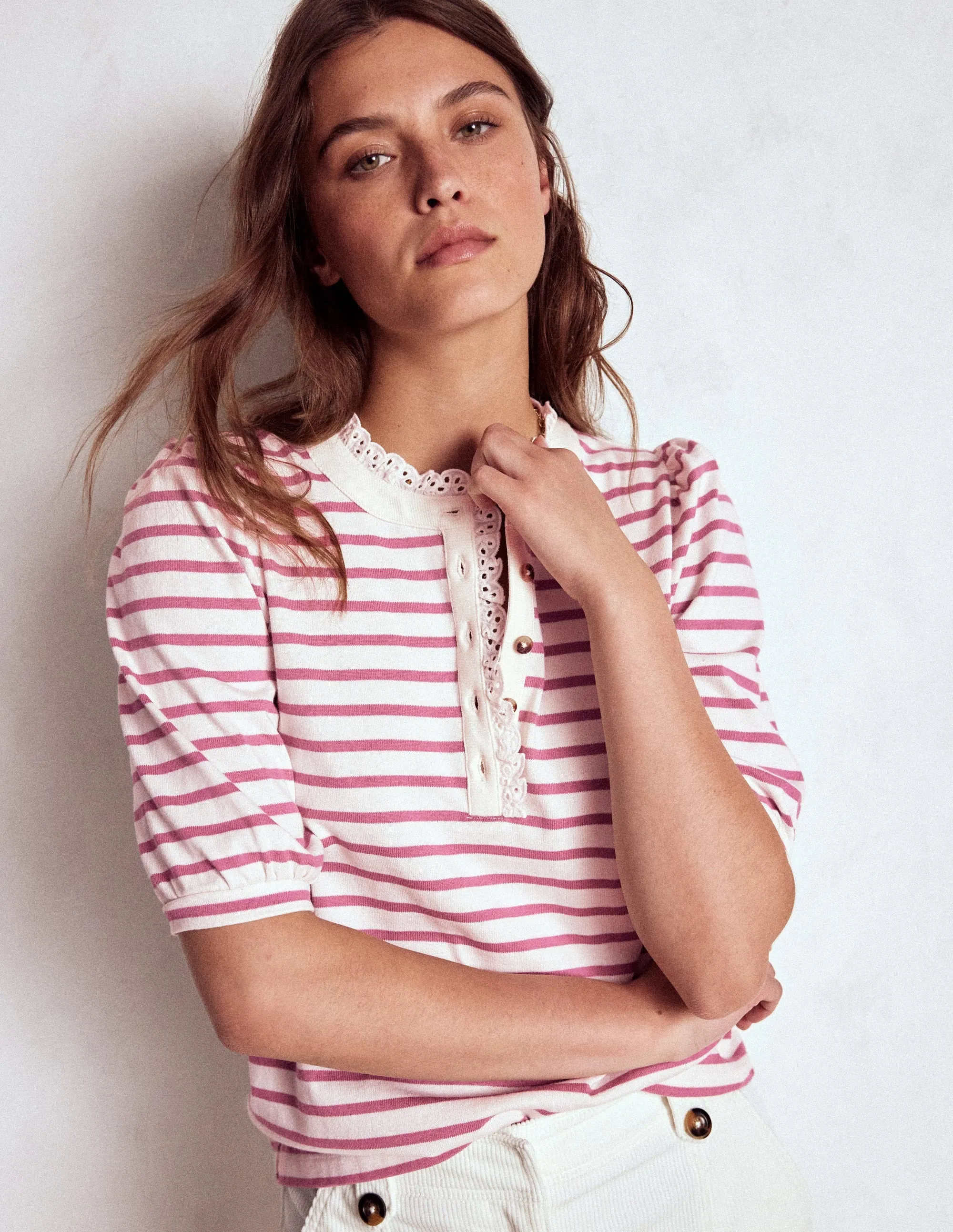 Soft Pullover Puff Sleeve Henley-Pink Heather, Ivory Stripe