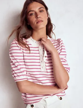 Soft Pullover Puff Sleeve Henley-Pink Heather, Ivory Stripe