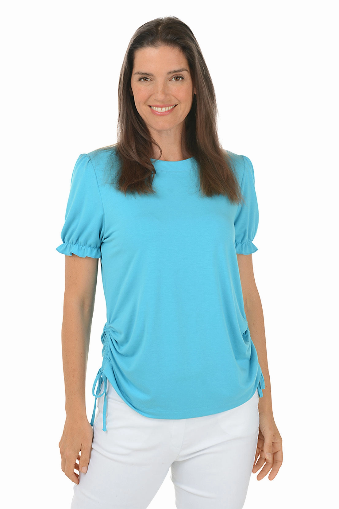 Ribbed Collar Style Puff Sleeve Side Shirred Tee