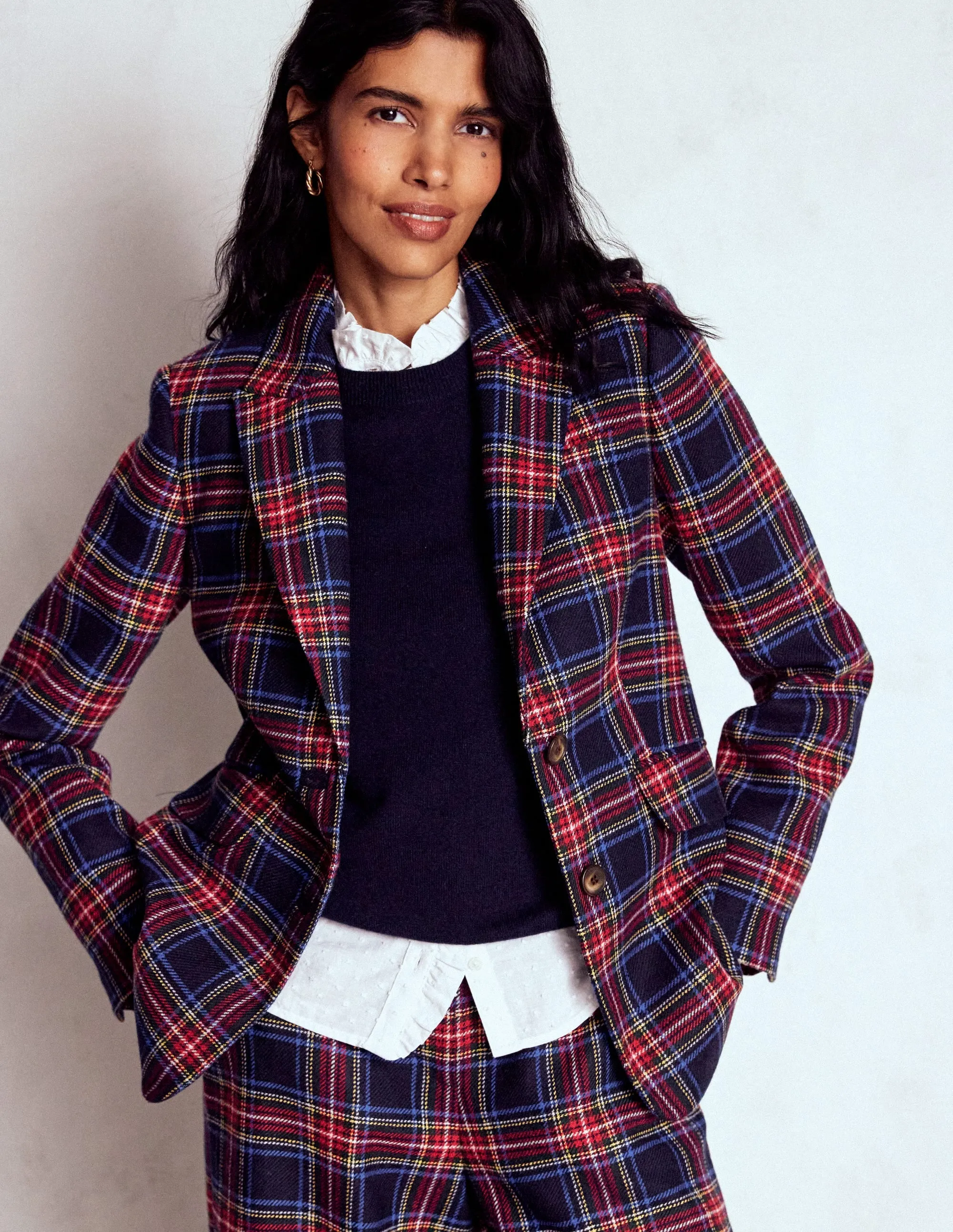 Checkered Style Noise Free Fabric Stamford Wool-Blend Blazer-Navy, Green and Red Check