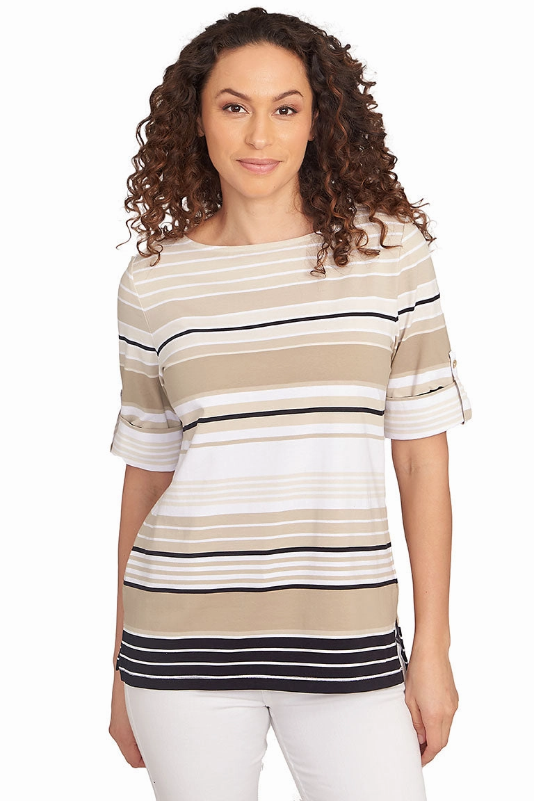 Puttin On The Prints Chino Striped Top WideNeckOpening ResilientStretch