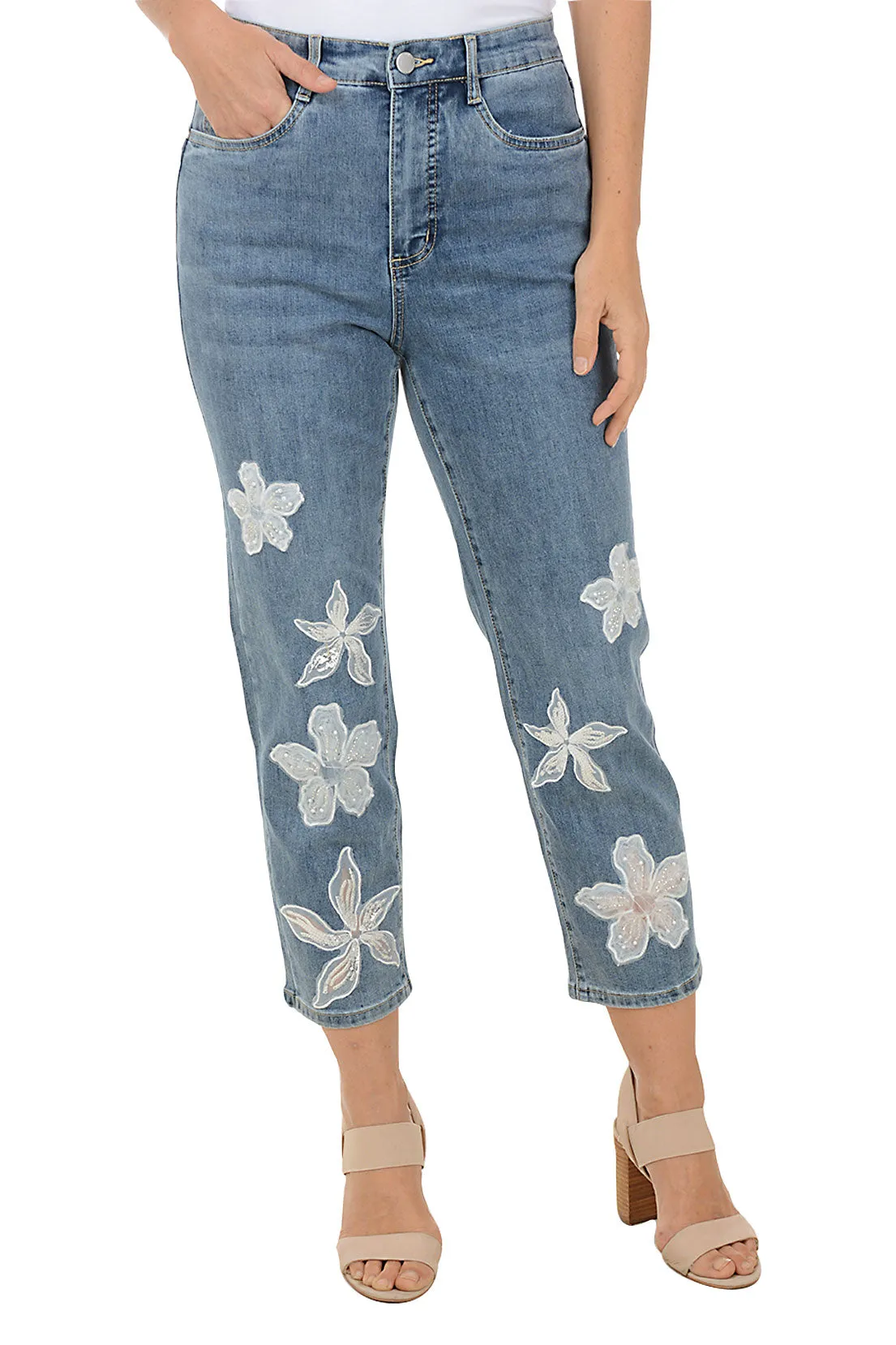 Timeless Fit Body Fit Floral Applique Denim Crop Pant