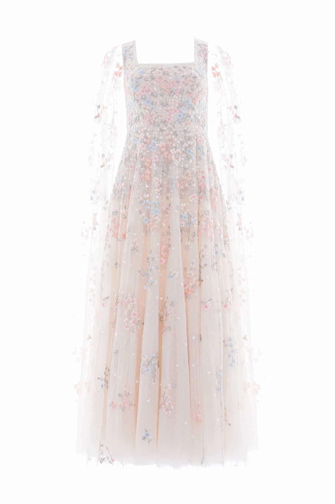 Comfy Flex Statement Neck Versailles Ditsy Cape Sleeve Ankle Gown