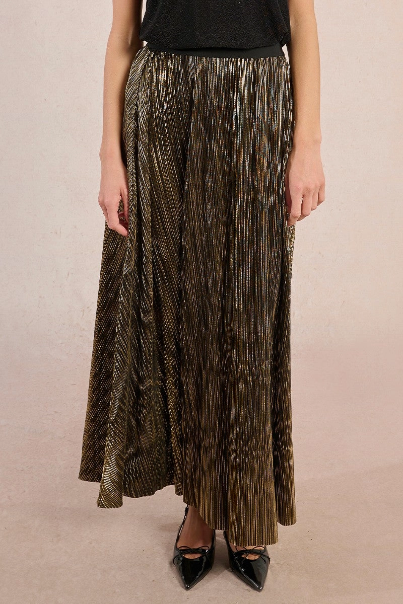 Detachable Detail Pleated Metallic Maxi Skirt in Gold