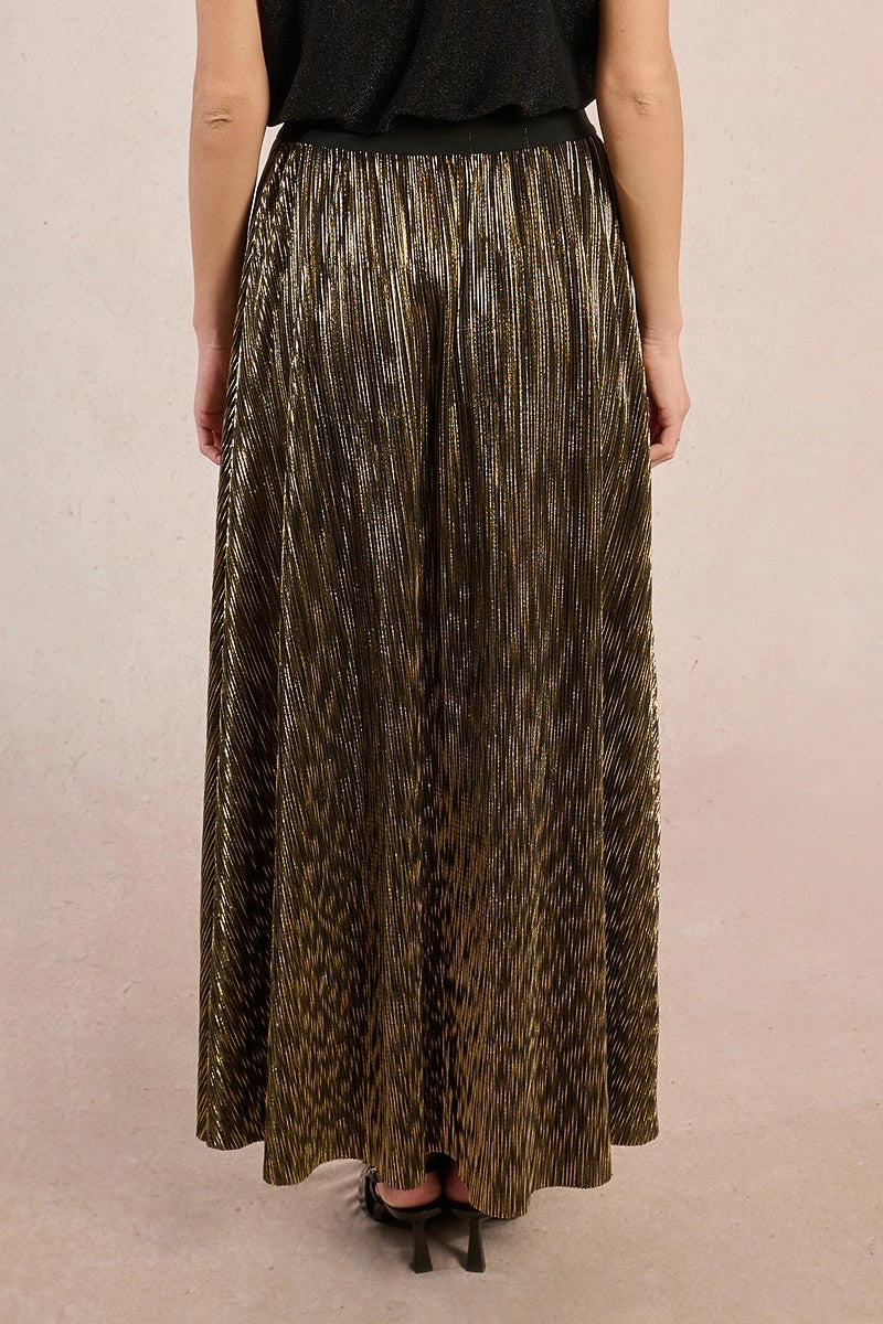 Pleated Metallic Maxi Skirt in Gold Sustainable Fabric Relaxed Feel
