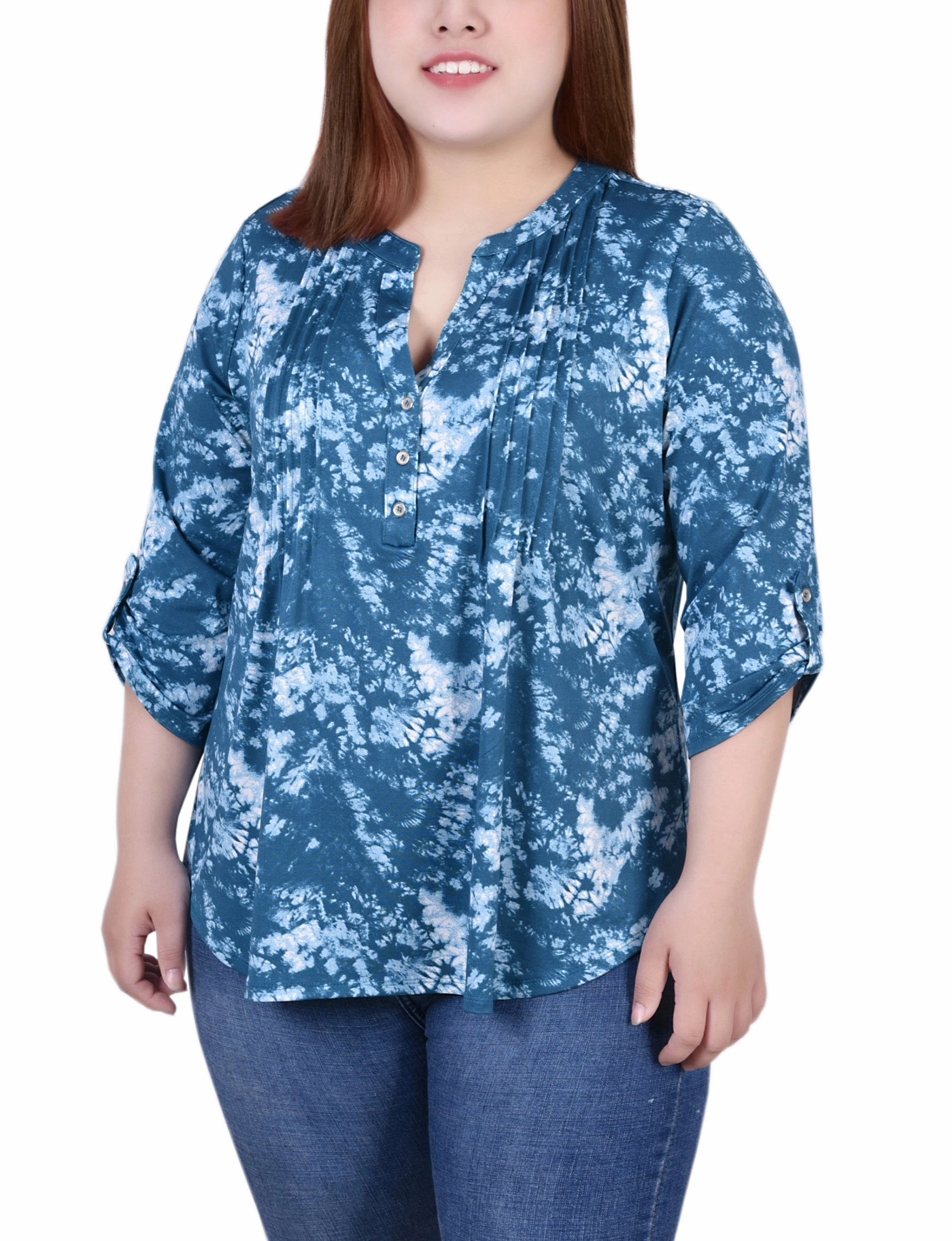 Plus Size Knit Jacquard 3/4 Sleeve Roll Tab Top Stretch Material