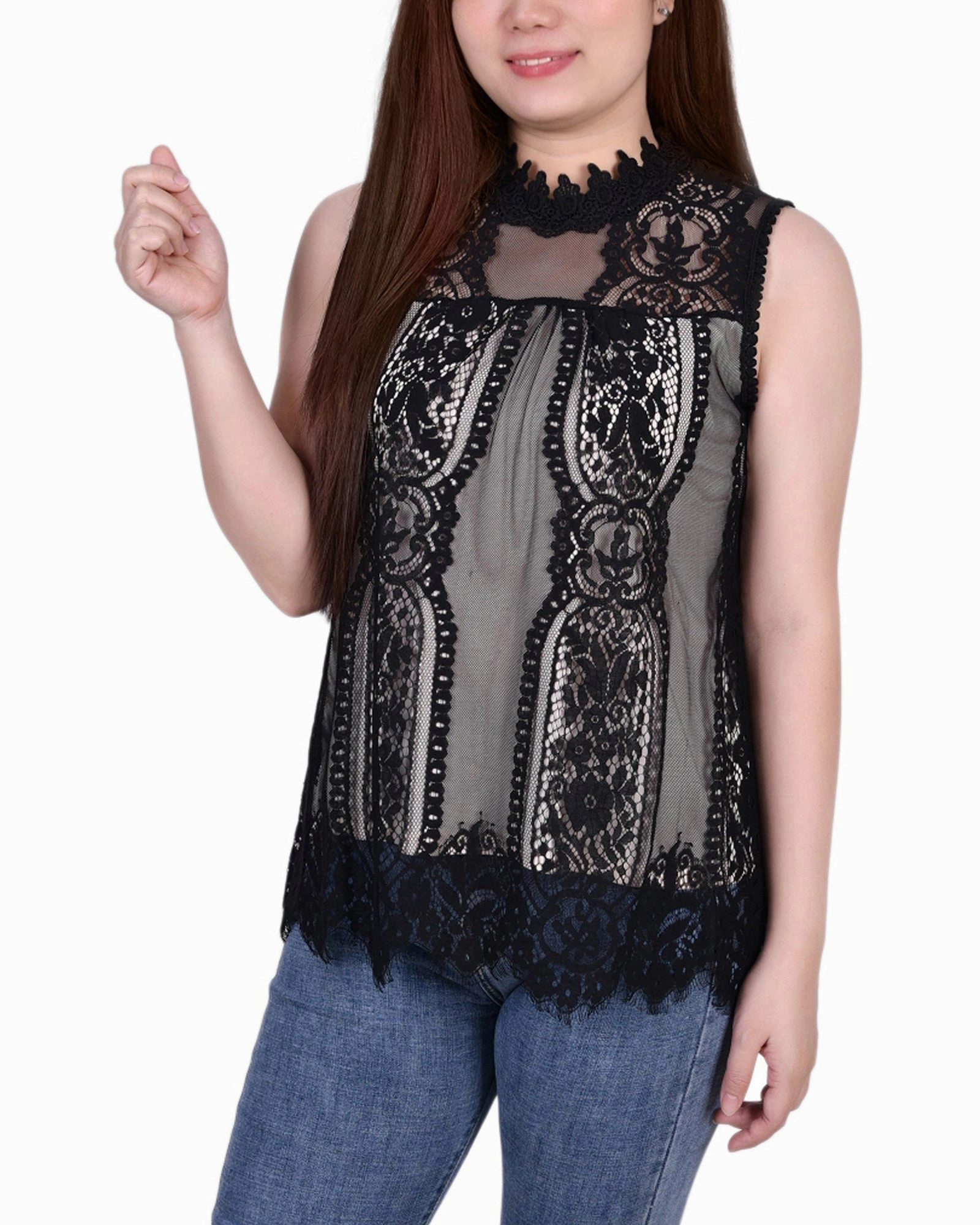 MultiPocket Design Sleeveless Mock Neck Lace Top