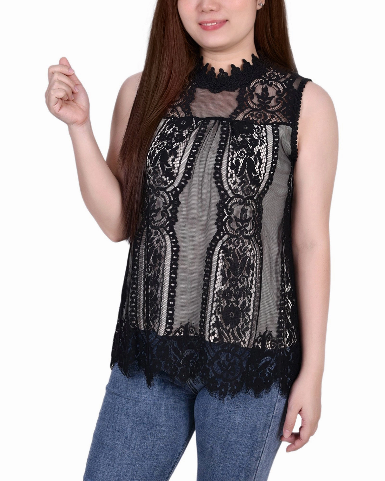 Sleeveless Mock Neck Lace Top SolarReflectiveFinish Textured Fabric Finish