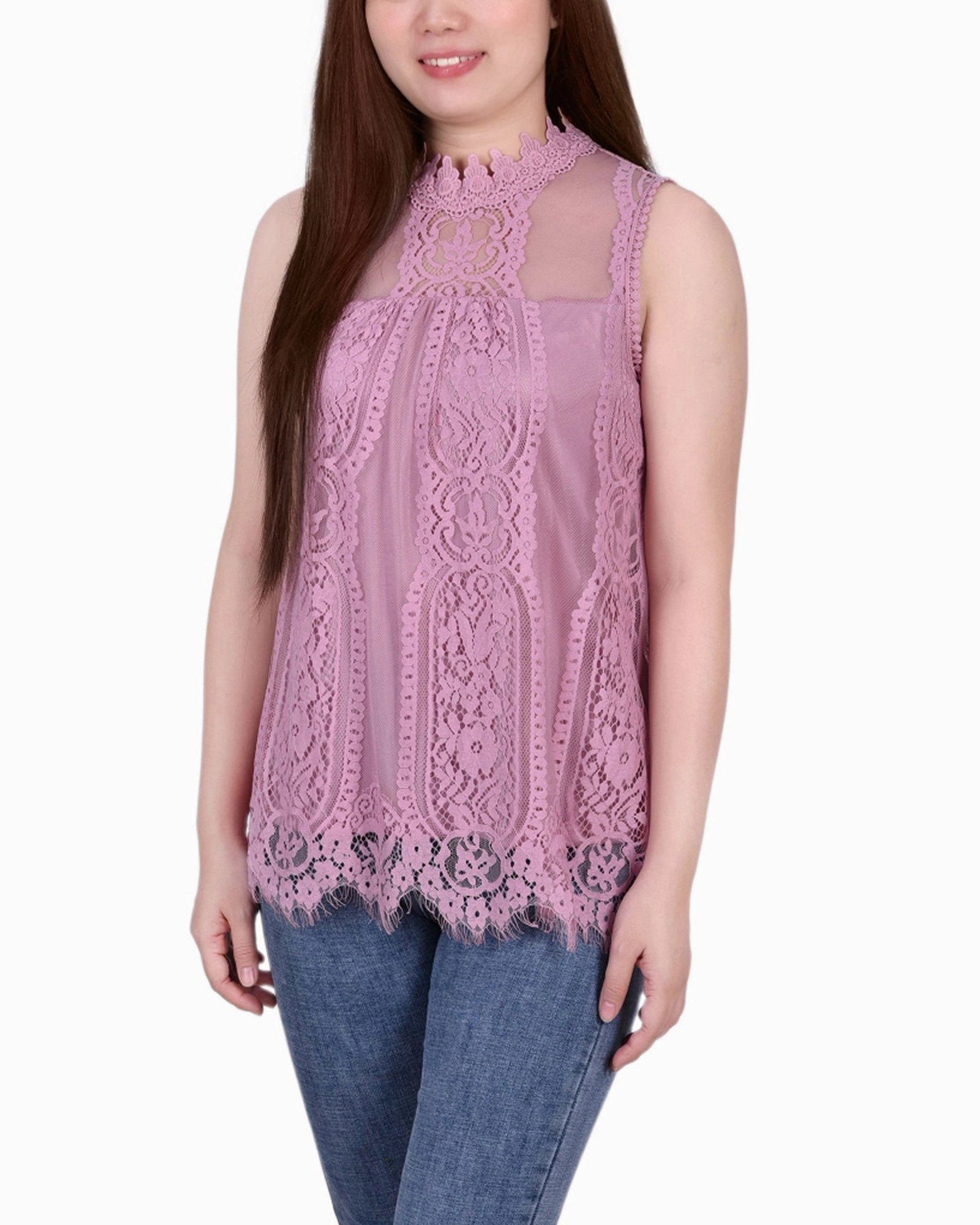 Sleeveless Mock Neck Lace Top Chic Sweater Stylish T-shirt