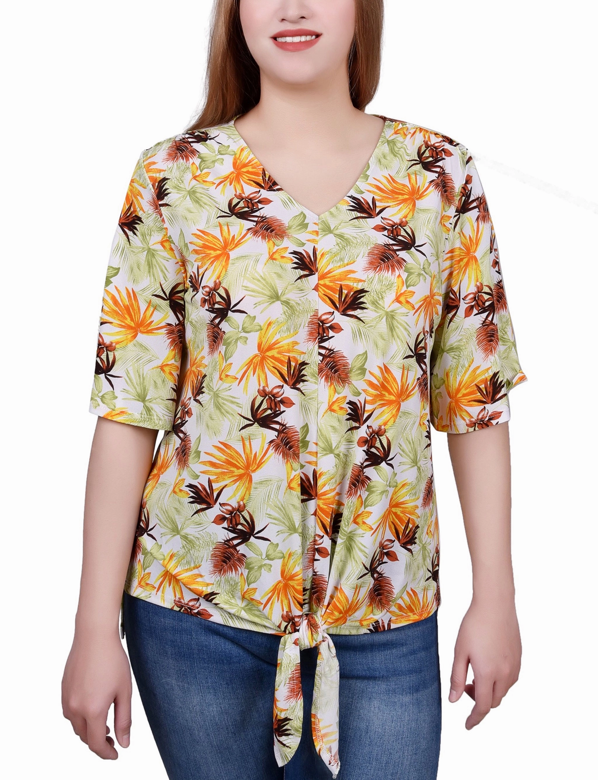 Elbow Sleeve Tie-Front Top NonRestrictiveSilhouette