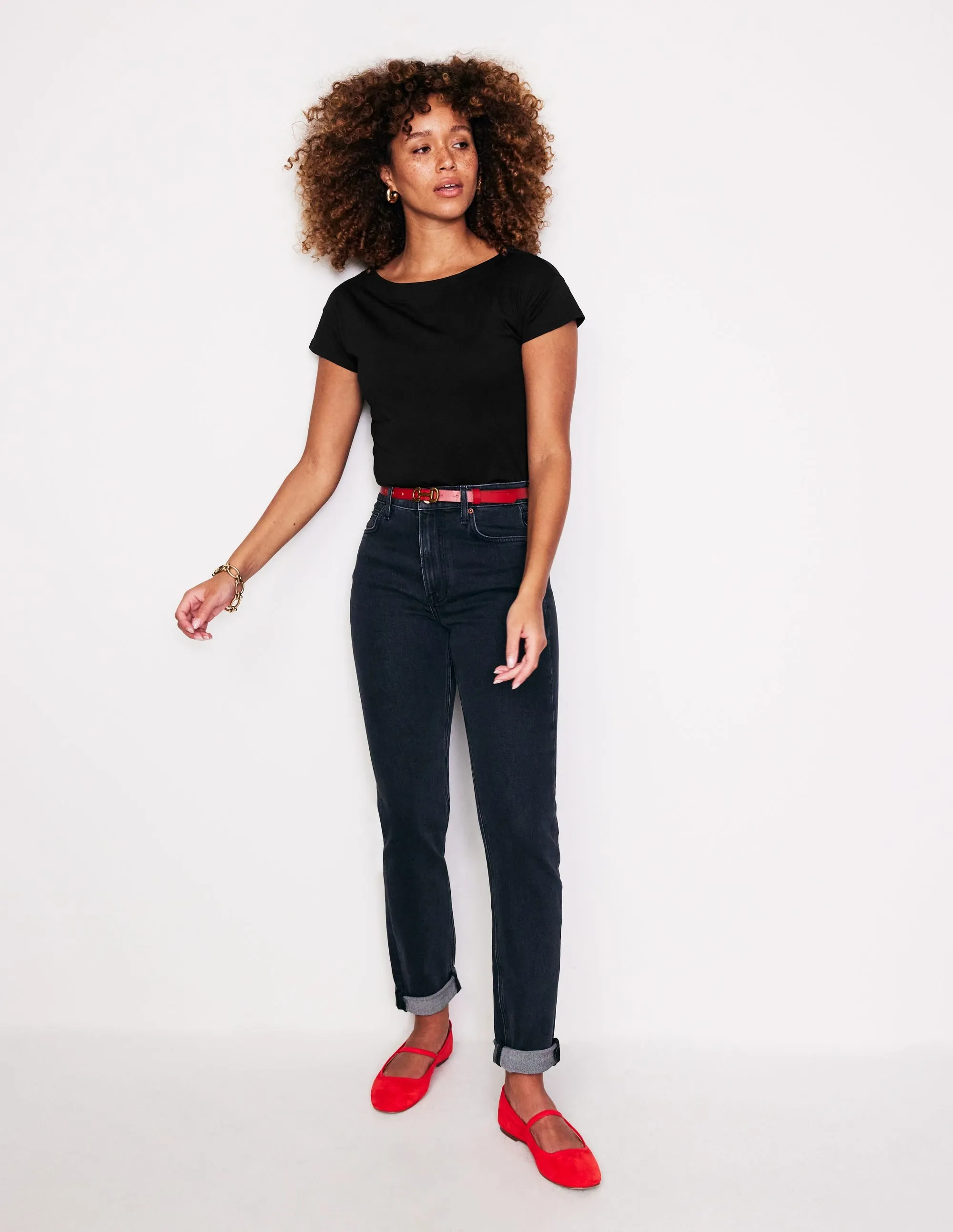 Layered Panel Construction Supersoft Boat Neck T-Shirt-Black