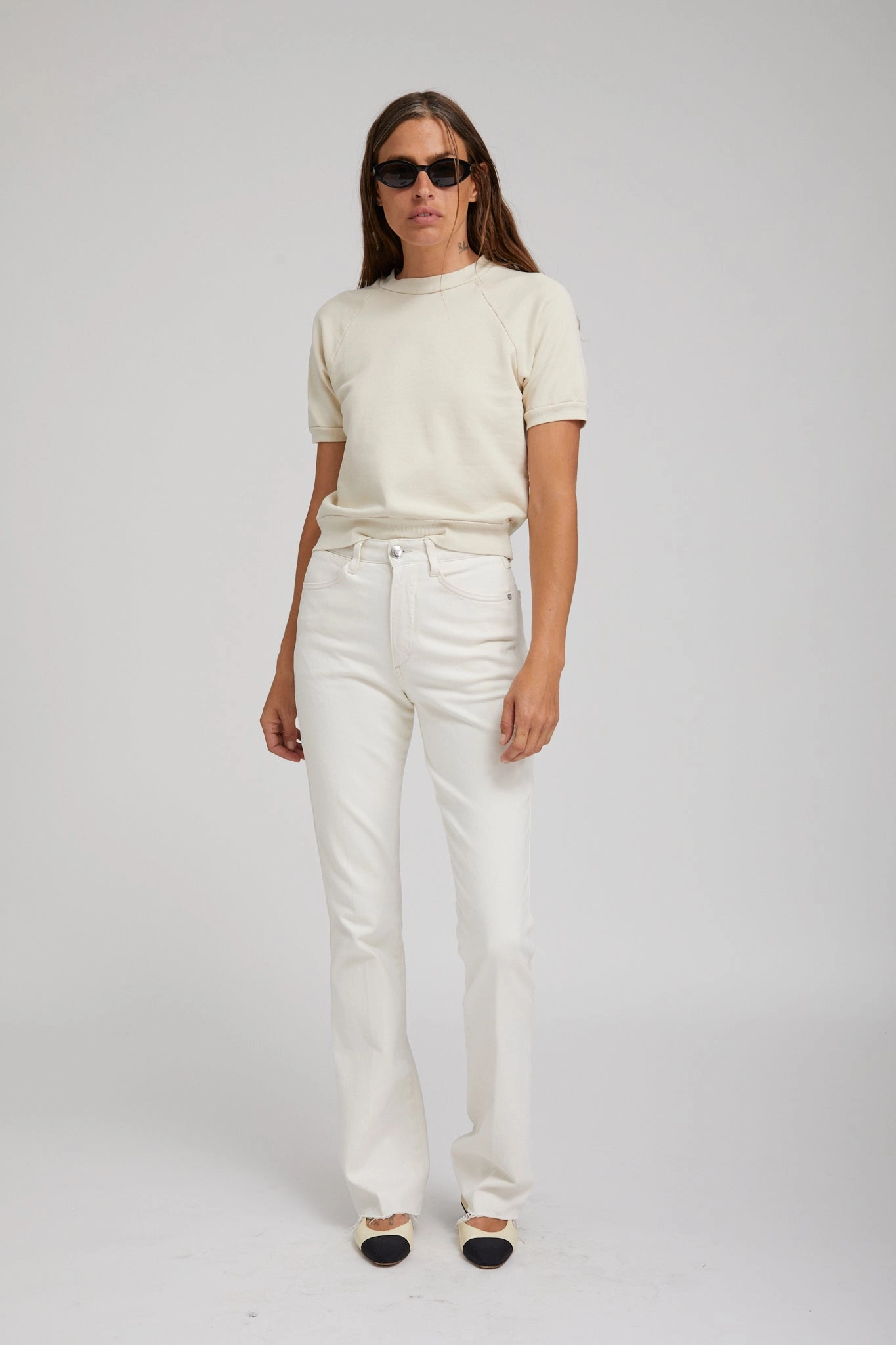 Elasticated Hem LaserCutVents Vintage White Cotton Raglan Sweatshirt Tee