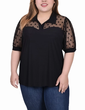 Office Attire Plus Size Short Sleeve Top With Dotted Mesh