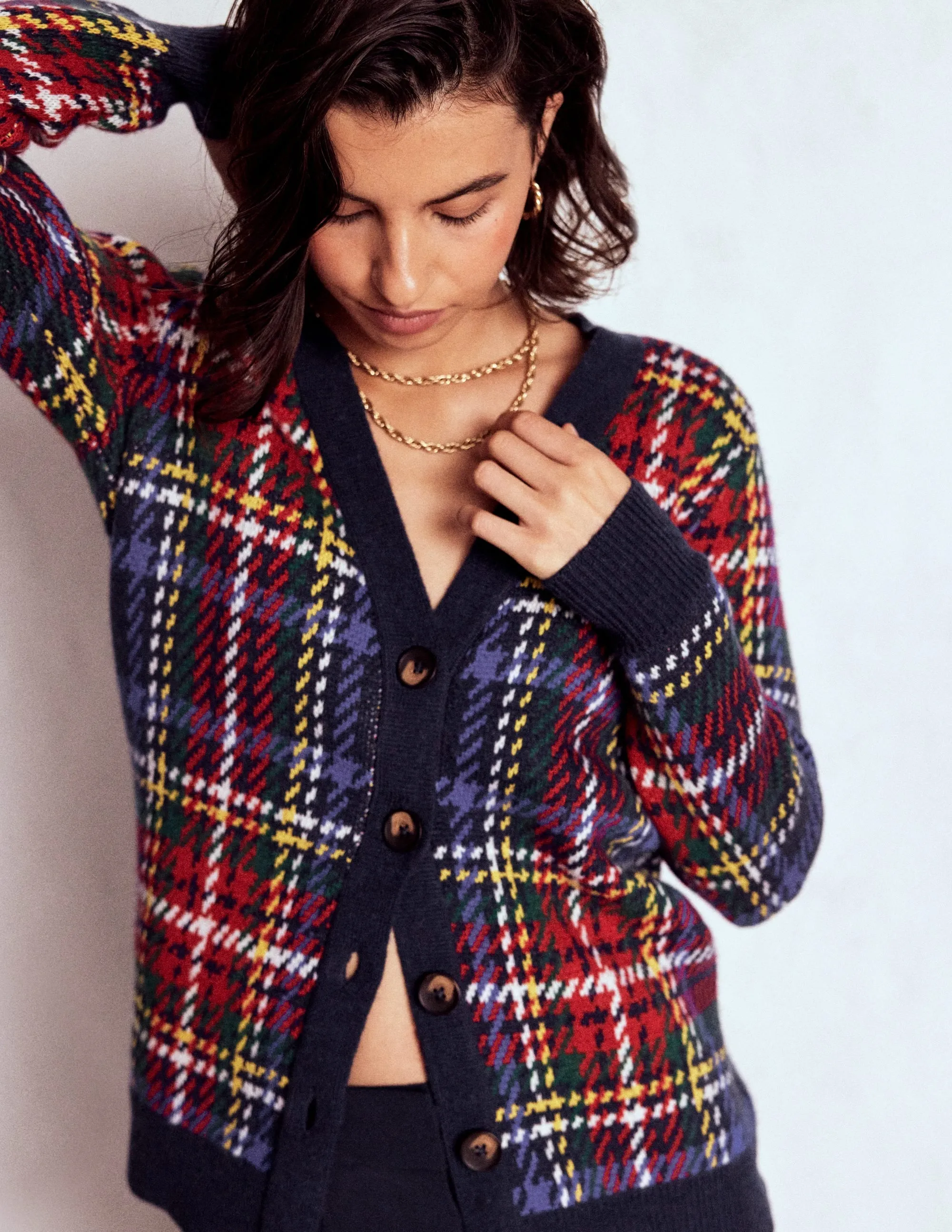 Quinn Boyfriend Cardigan-Navy, Green and Red Check Cold Daywear