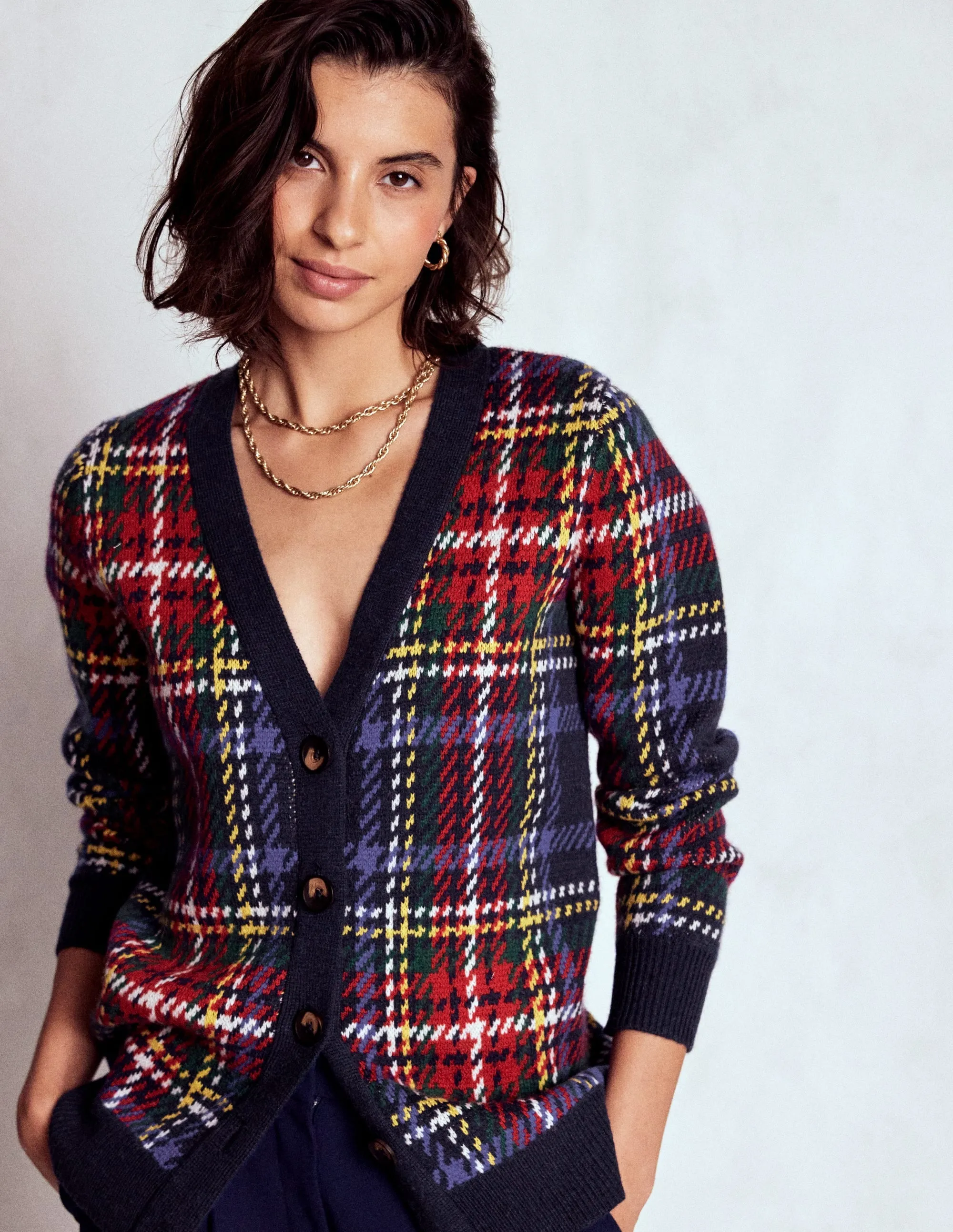 Quinn Boyfriend Cardigan-Navy, Green and Red Check Layered Edge Trim