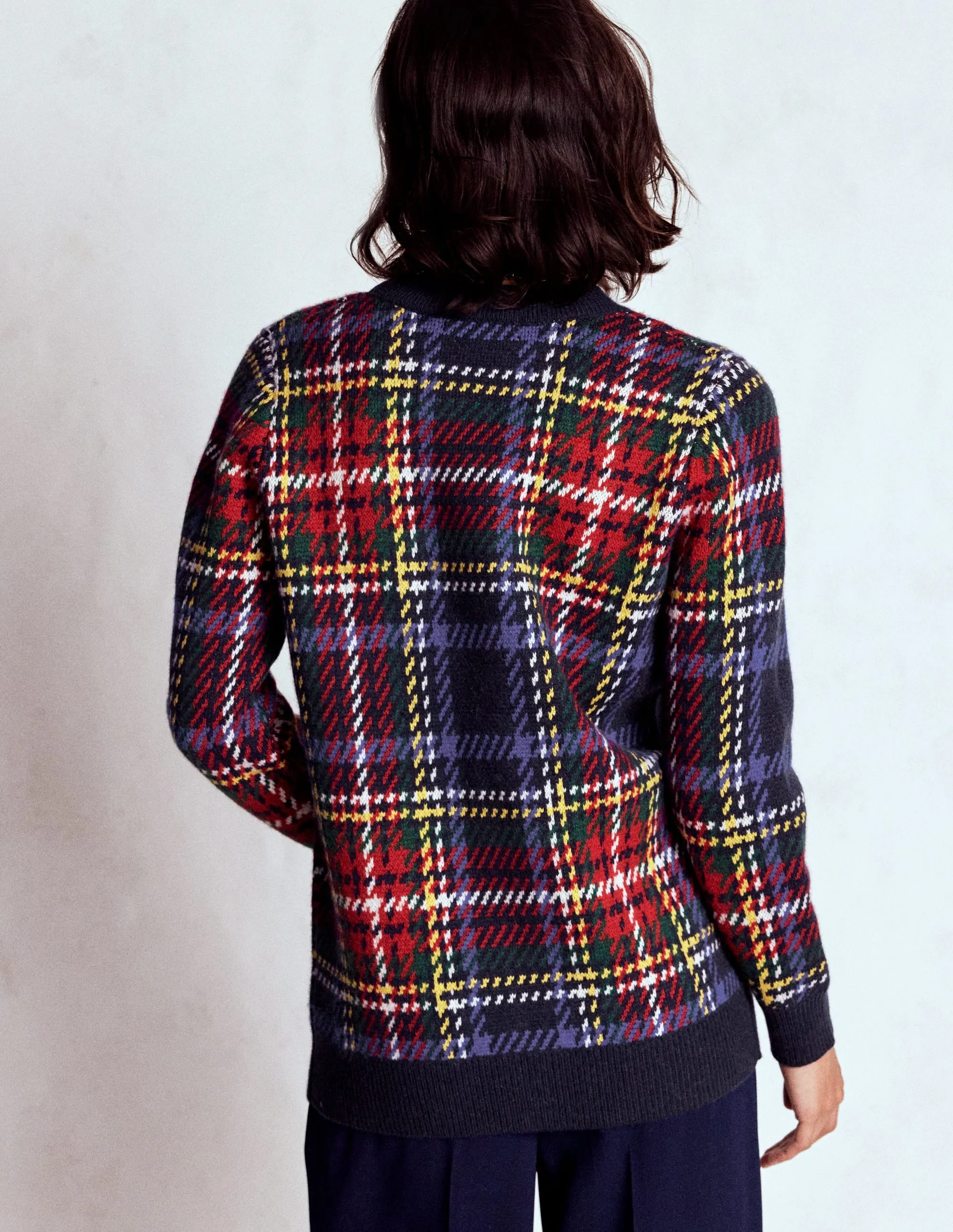 Quinn Boyfriend Cardigan-Navy, Green and Red Check Lattice Ventilation Weave
