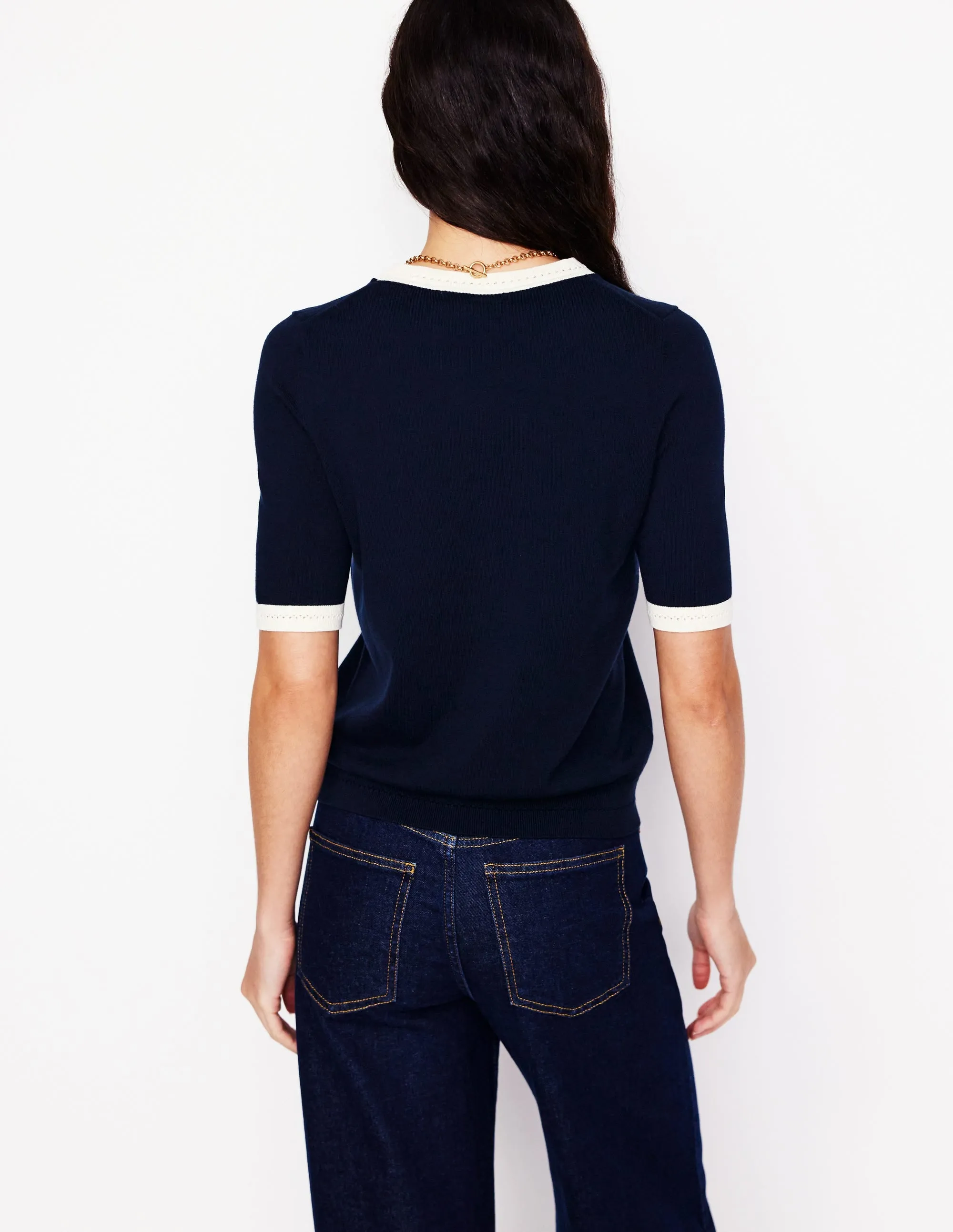 Emilia Cotton Crew T-shirt-Navy, Warm Ivory Non Restrictive Silhouette