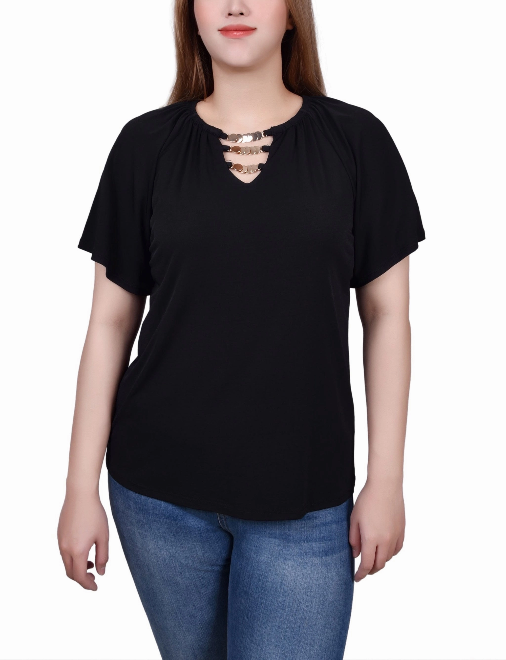 Lightweight Fabric Raglan Sleeve Top With Chain Details