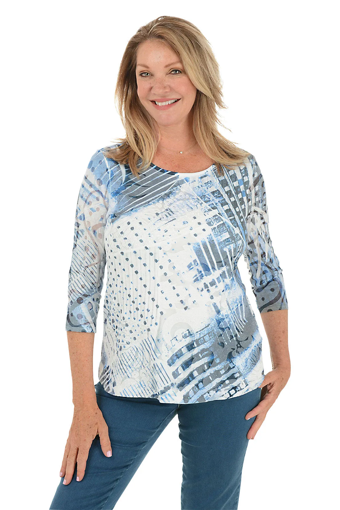 Adjustable Fit System Denim Gradient Mixed Burnout Knit Top