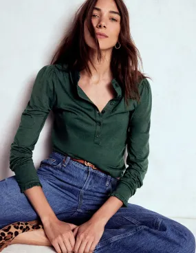 Temperature Control Fabric Supersoft Frill Henley Top-Green Pine