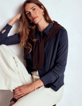 FourWayStretchFabric Picot Trim Jersey Shirt-Navy