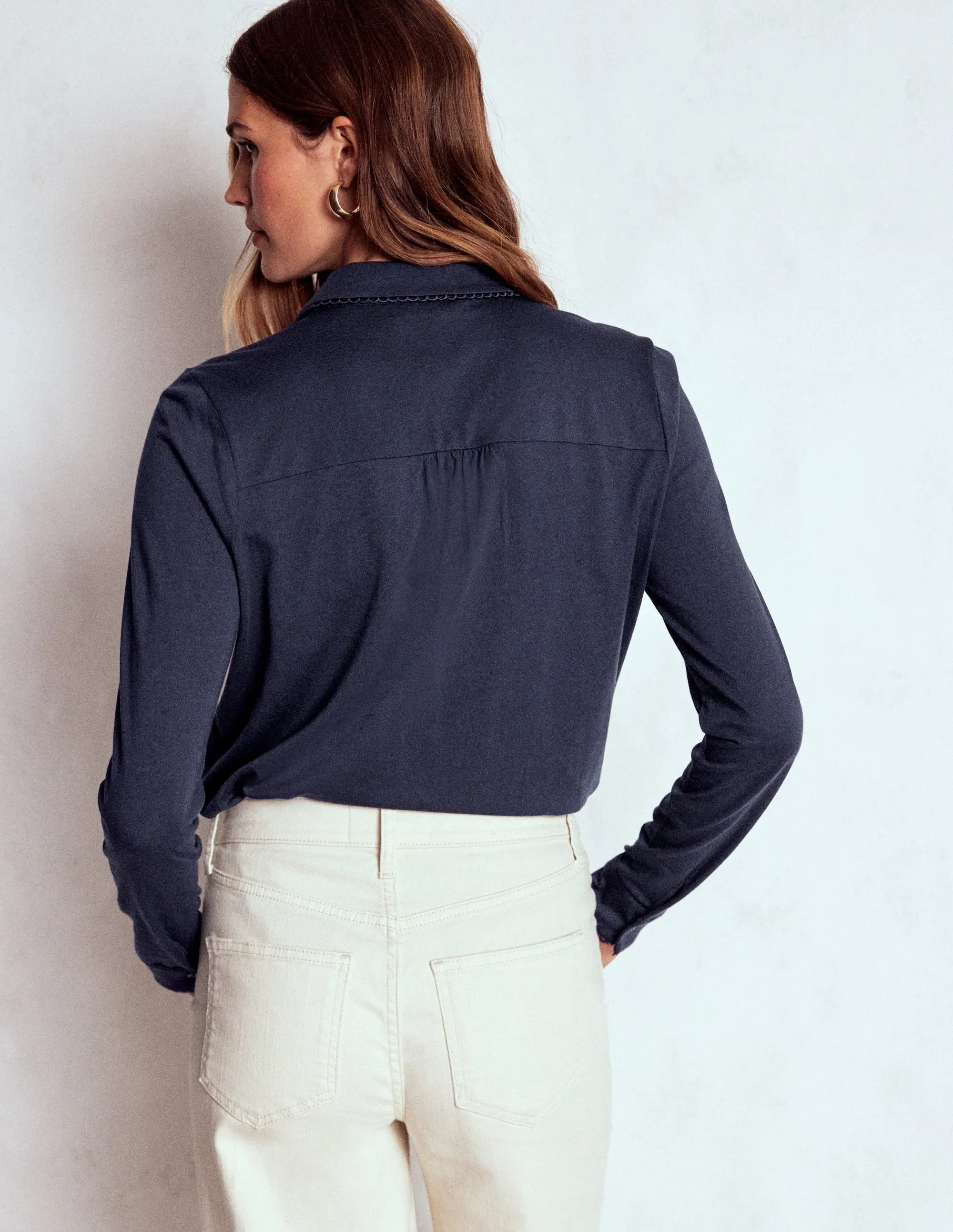 Yarn Dyed Stripes Relaxed Tee Picot Trim Jersey Shirt-Navy