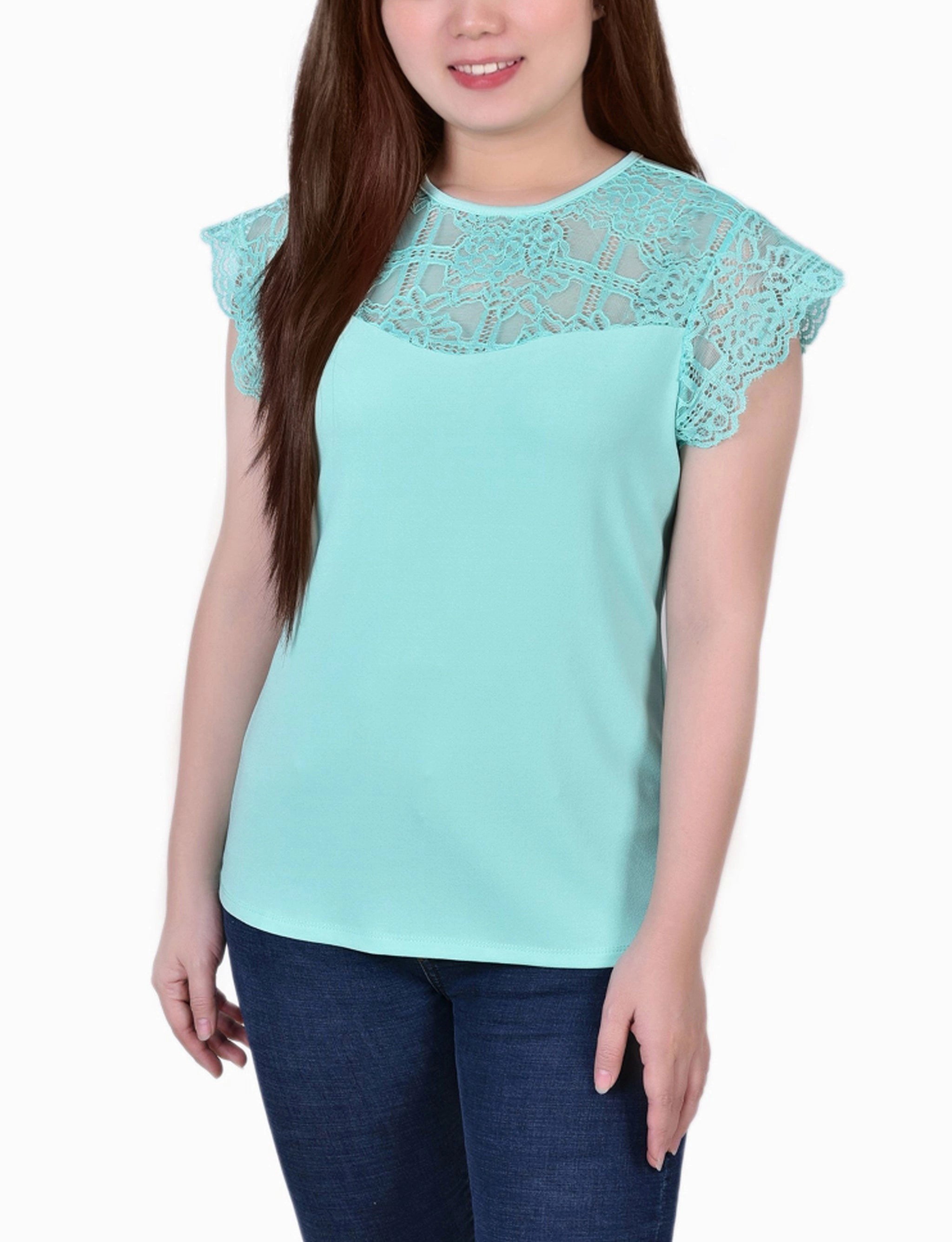 Petite Crepe Knit Top With Lace Flanged Sleeve and Yoke Ventilated Panel Design NonScratchyLining