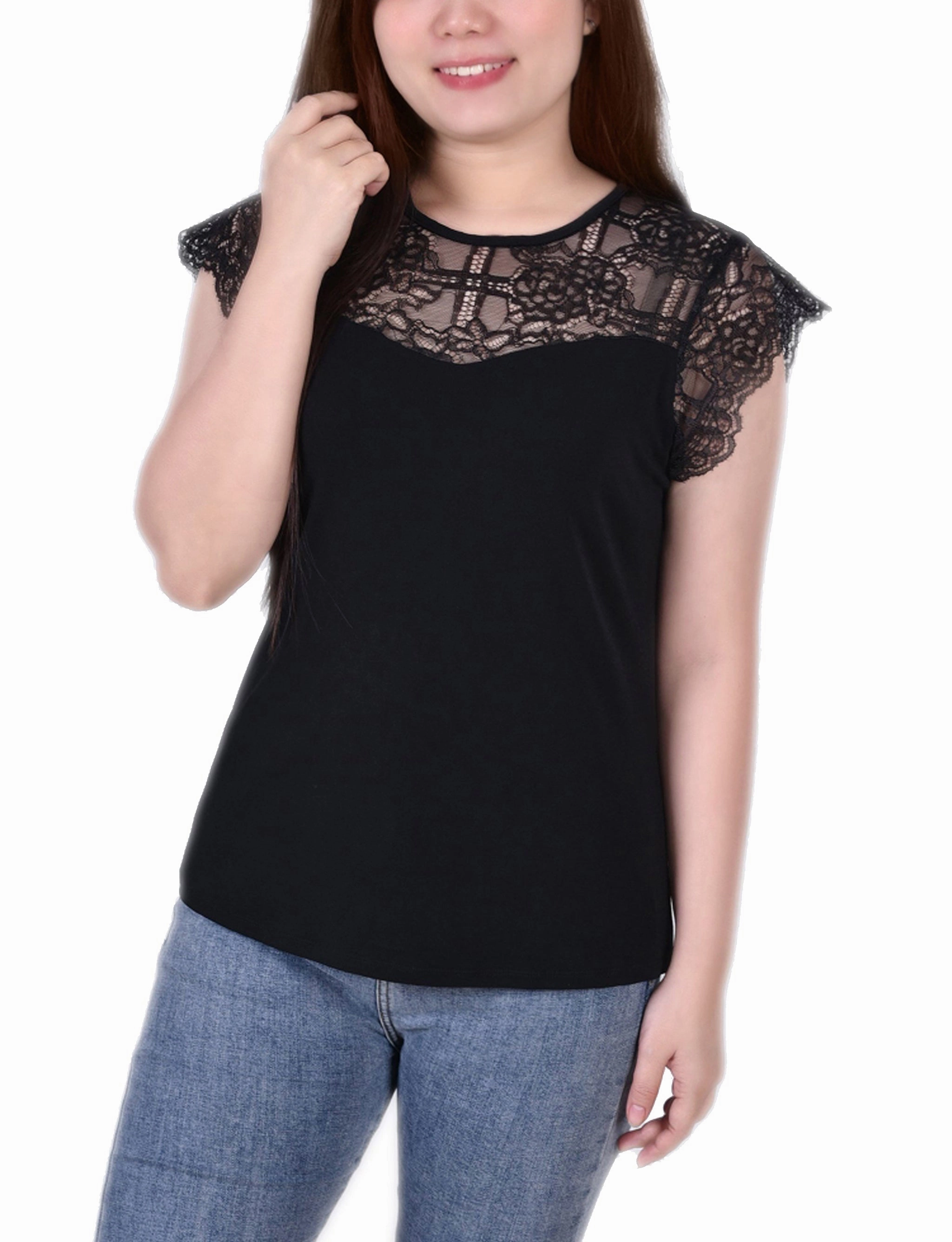 Petite Crepe Knit Top With Lace Flanged Sleeve and Yoke Elegant Blouse