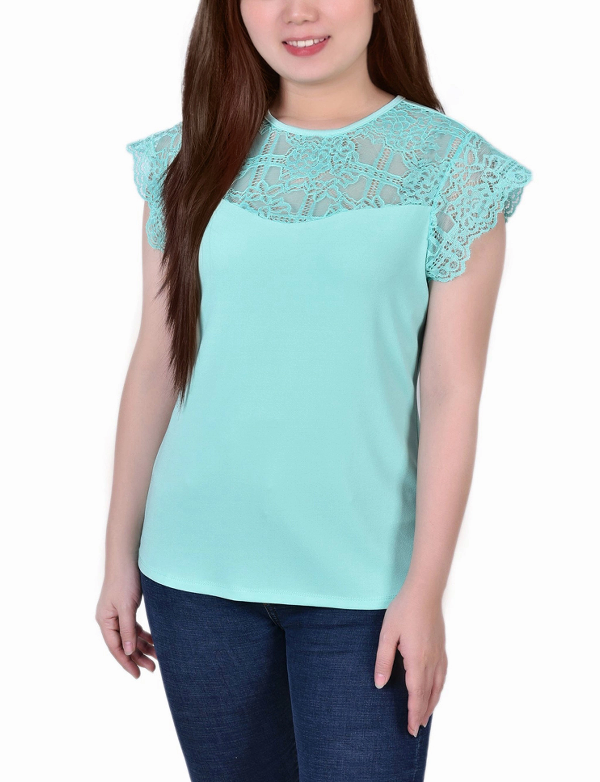 OdorResistant Technology ReinforcedShoulders Petite Crepe Knit Top With Lace Flanged Sleeve and Yoke