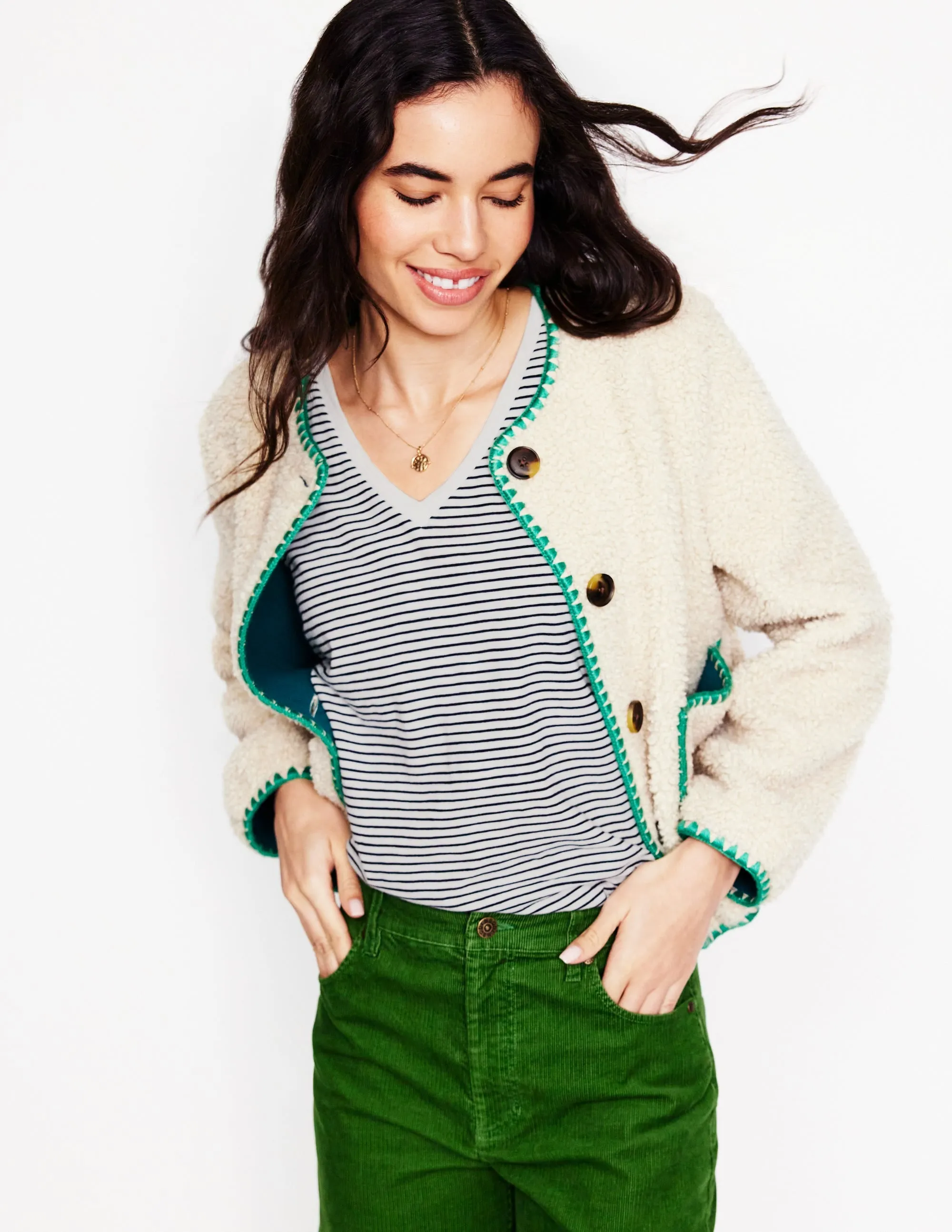 Bound Edges LayeredPanel Regular V-Neck Slub Vest-Navy, Ivory Stripe