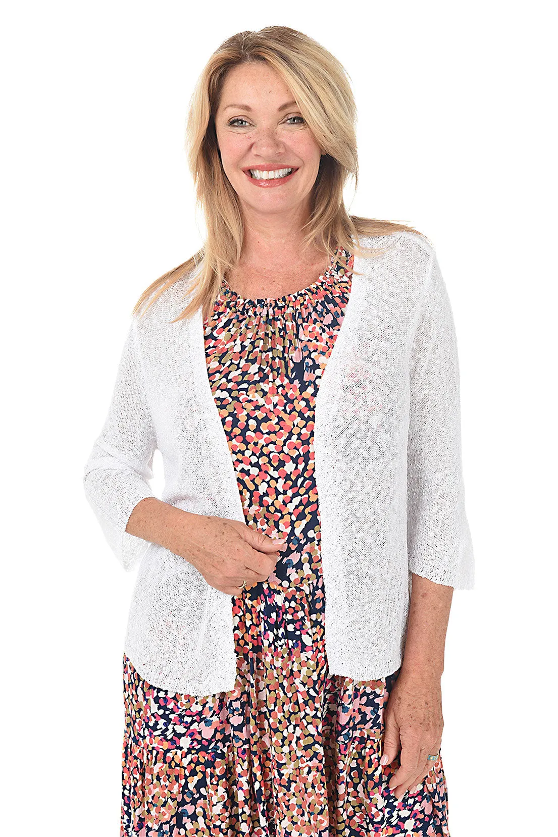 Wrinkle Resistant Texture OdorResistant Fabric Open Knit 3/4 Sleeve Cardigan