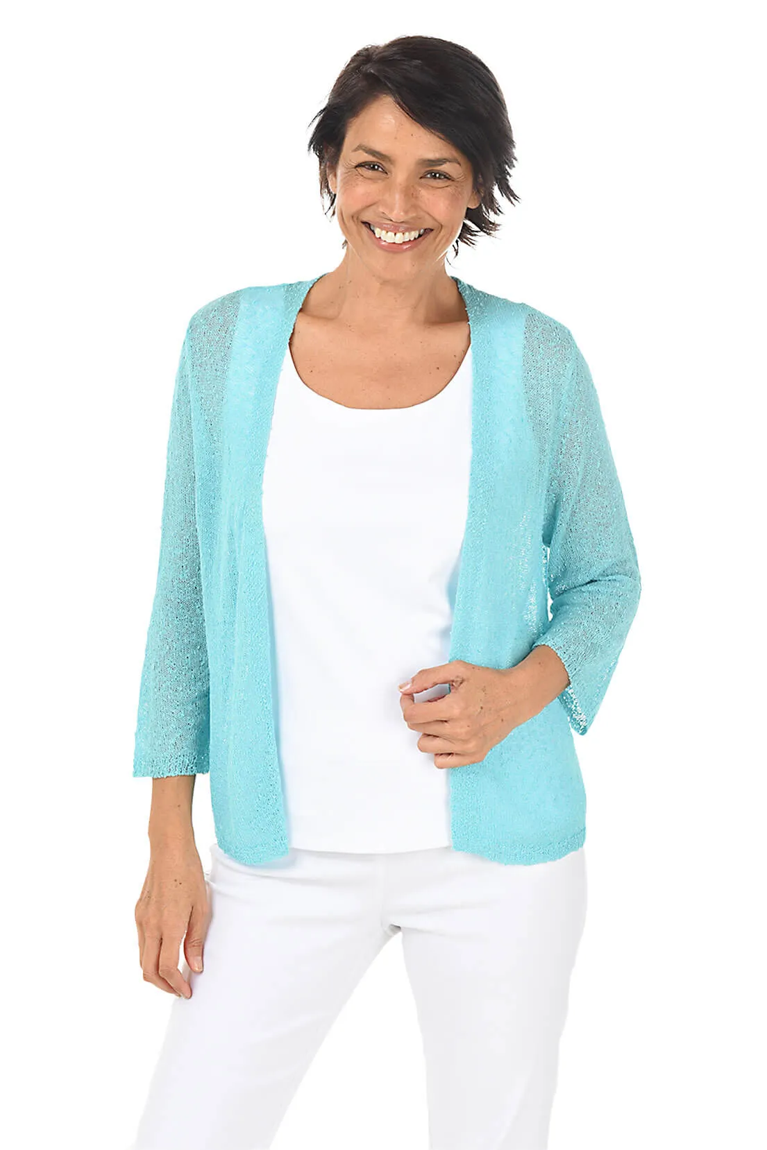 BondedShoulderTaping All Weather Performance Fabric Open Knit 3/4 Sleeve Cardigan