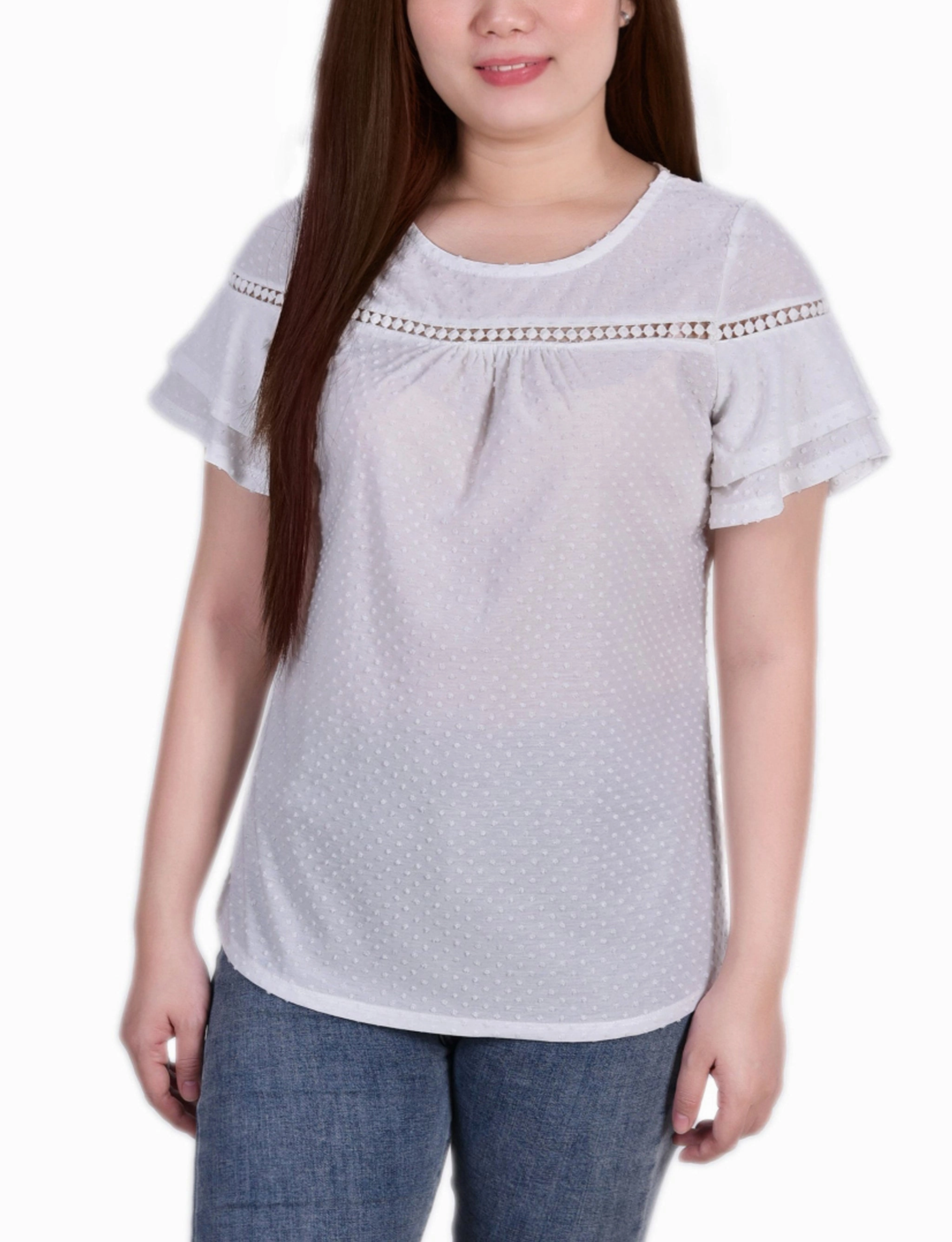 Fashionable Fit Short Double Flutter Sleeve Swiss Dot Top