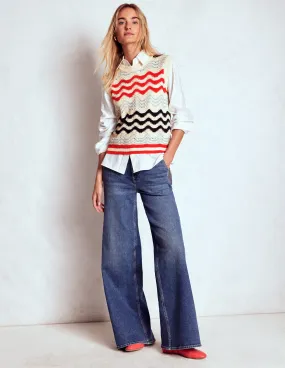 Compact Knit Technique Double Layered Hem Cotton Wave Tank-Navy/ Red Textured Wave