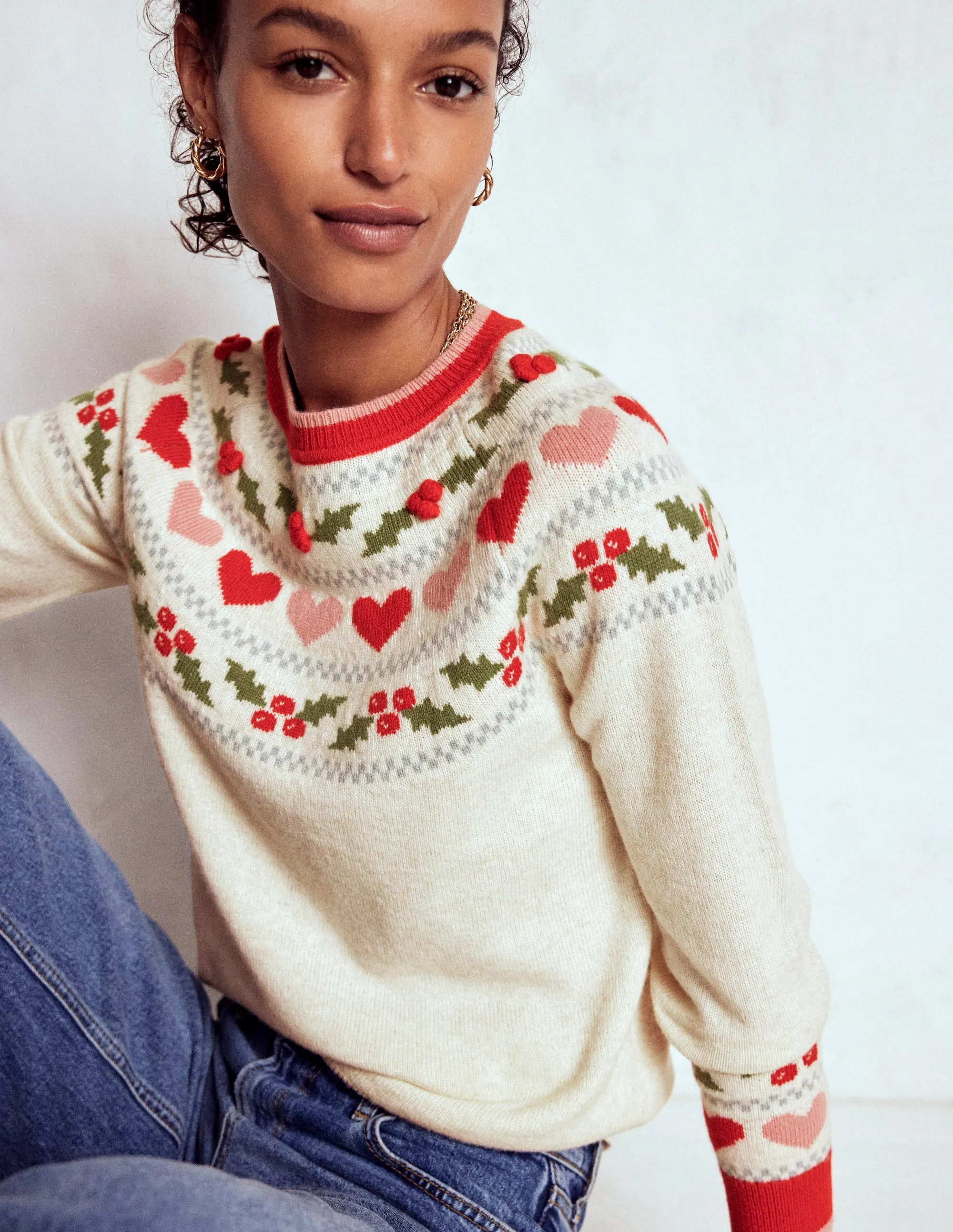 Edie Fair Isle Jumper-Oatmeal Melange, Holly Brushed Inner