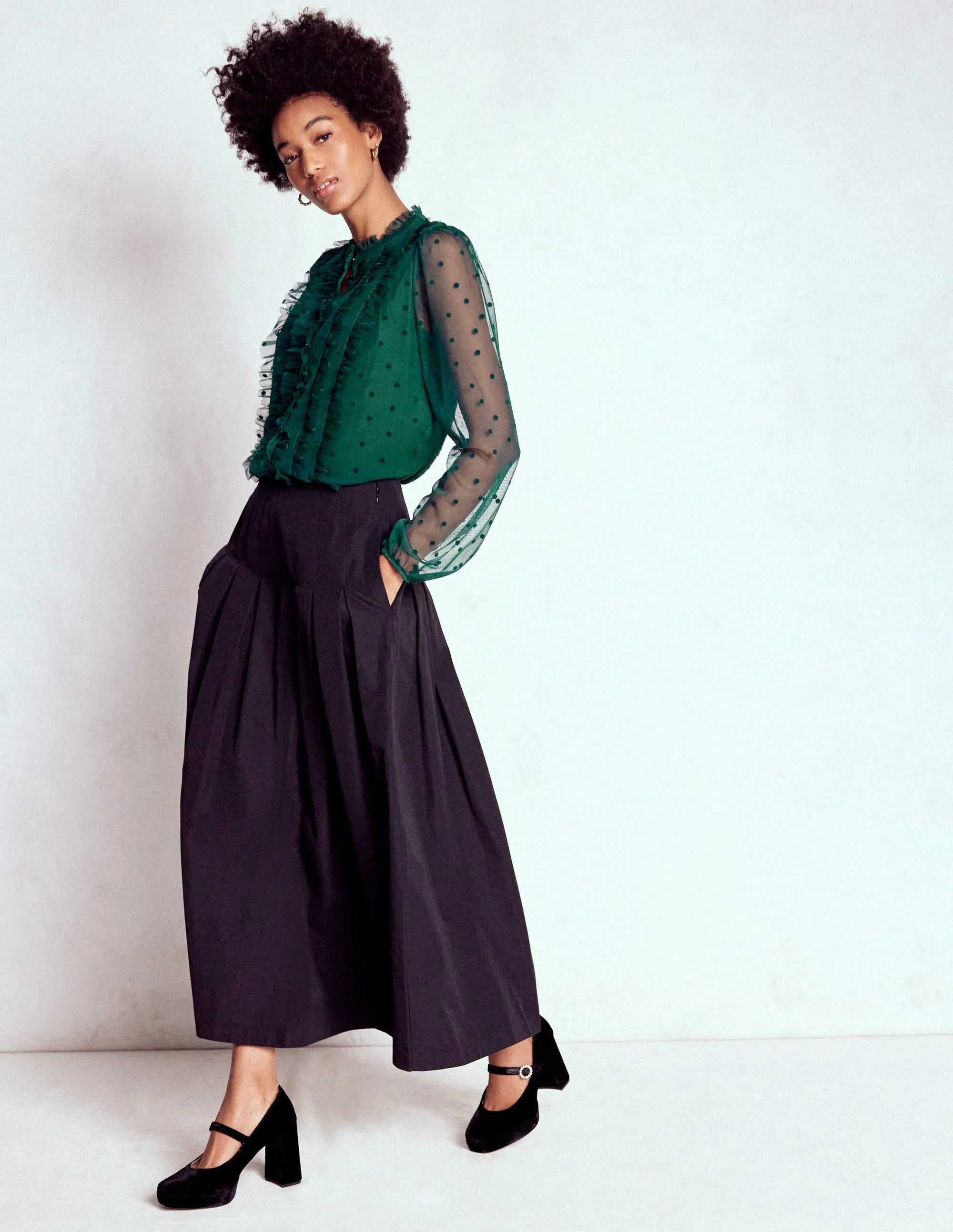 LayeredCollar Frilled Tulle Blouse-Emerald Night