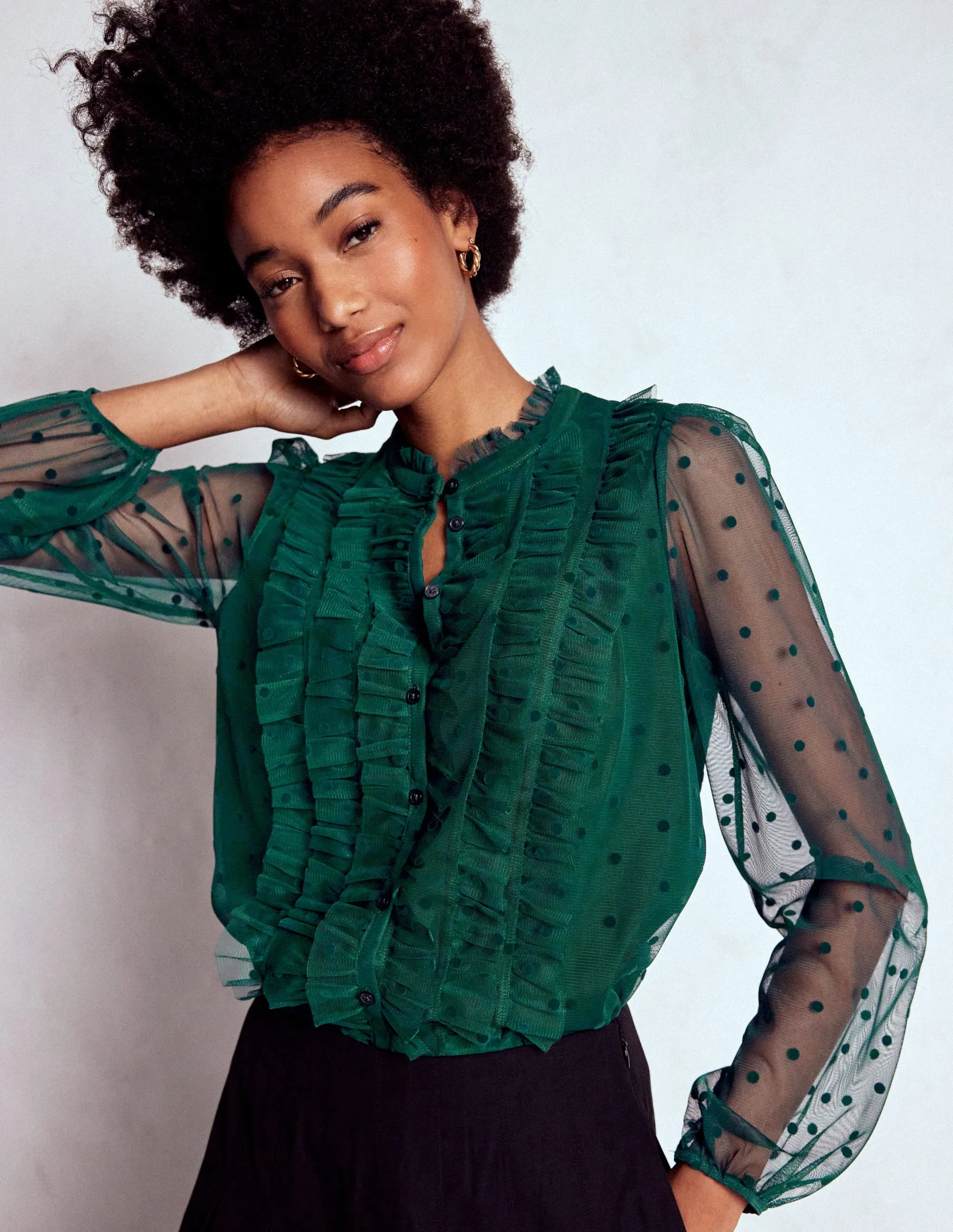 RollUpSleeves EcoFriendlyBlend Frilled Tulle Blouse-Emerald Night