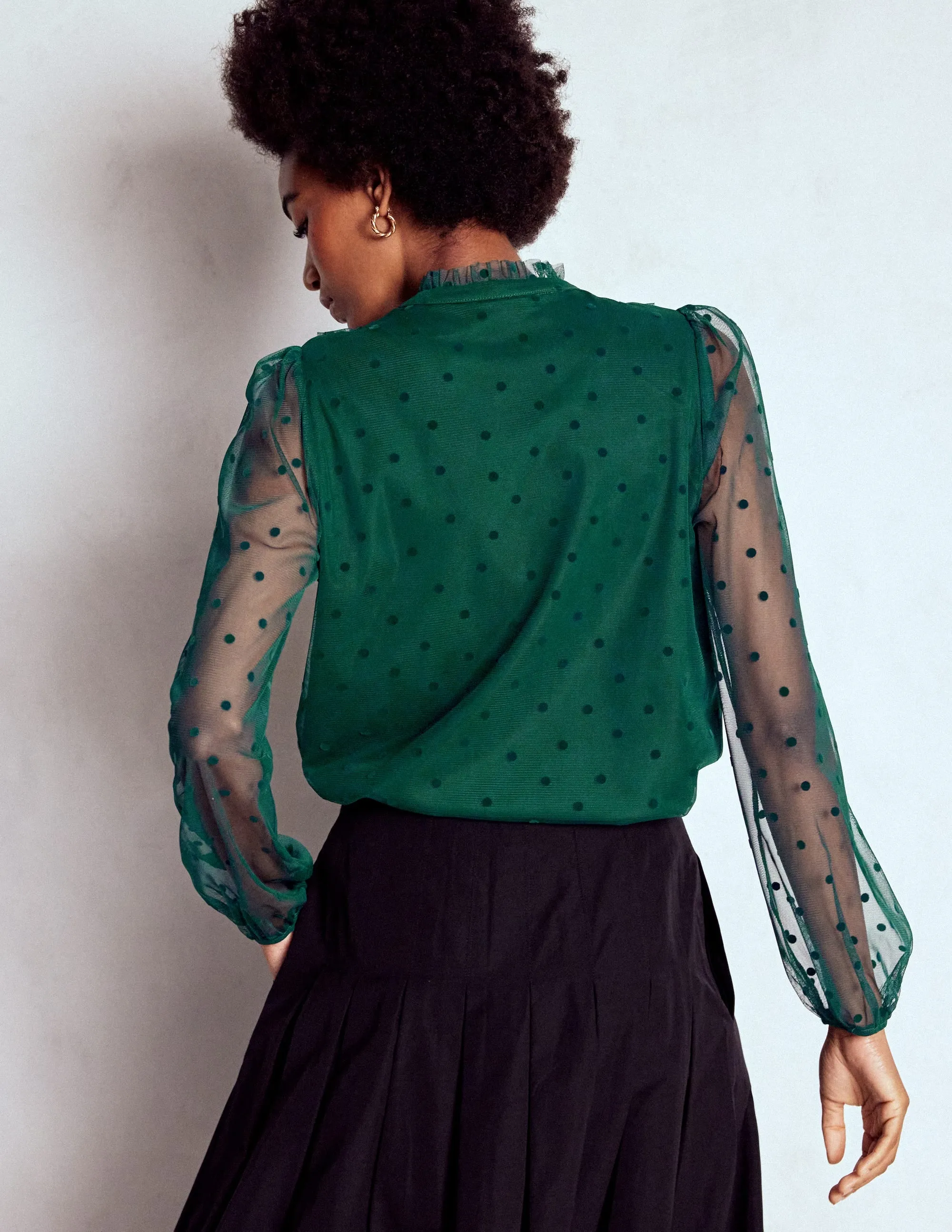 Multi Directional Mobility Frilled Tulle Blouse-Emerald Night