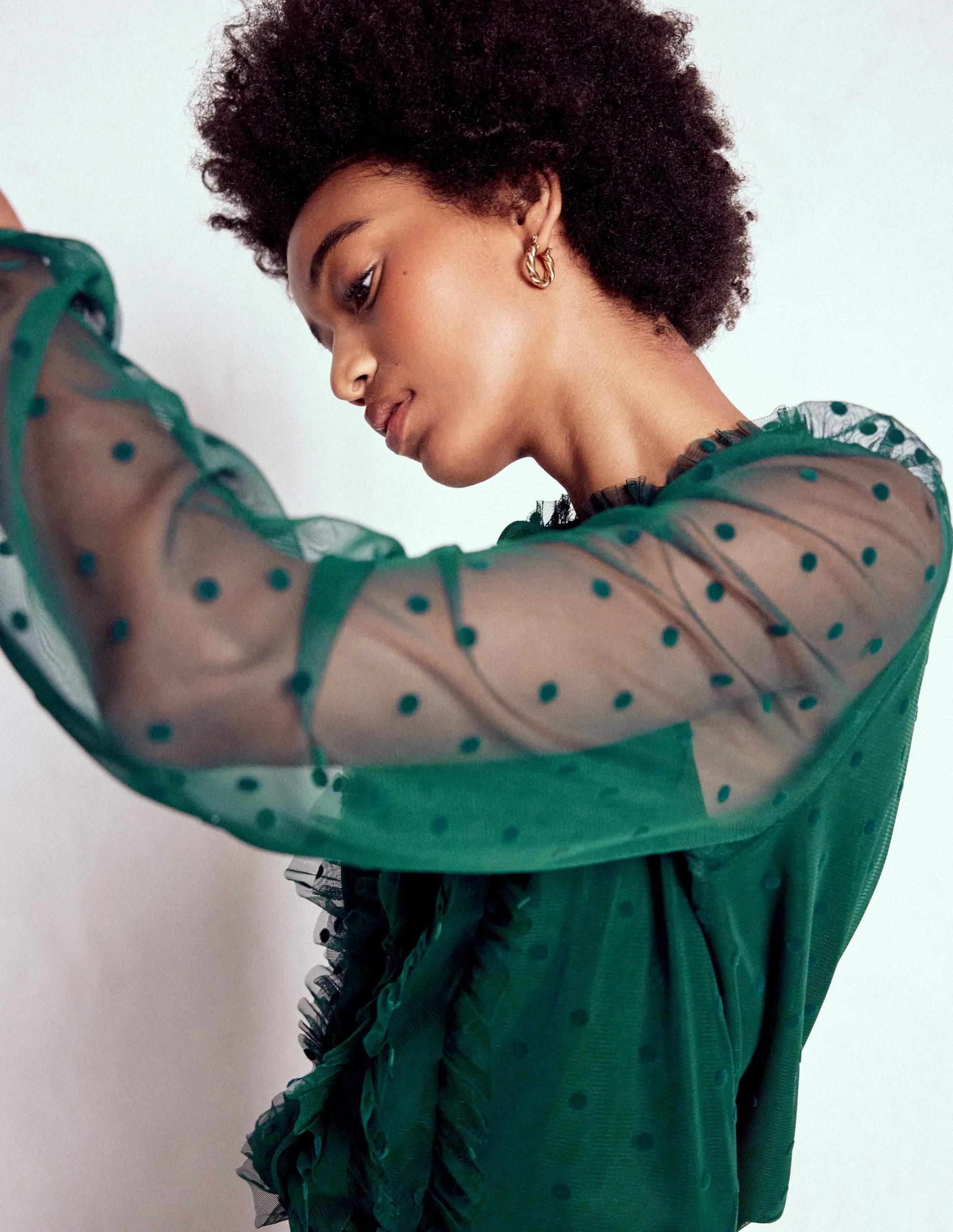 HypoallergenicConstruction Office Attire Frilled Tulle Blouse-Emerald Night