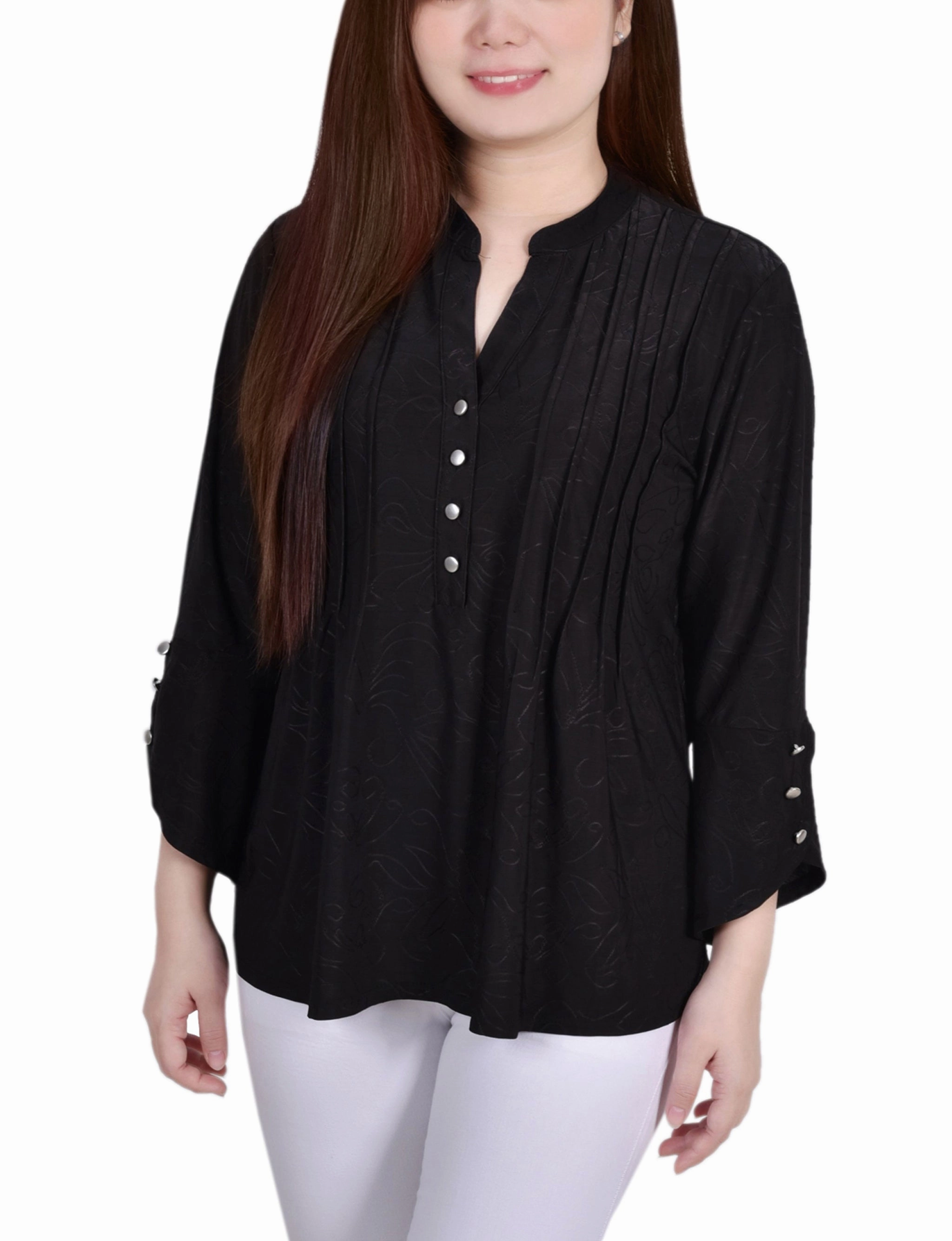 FlexibleLayeredConstruction Petite 3/4 Sleeve Overlapped Bell Sleeve Y Neck Top