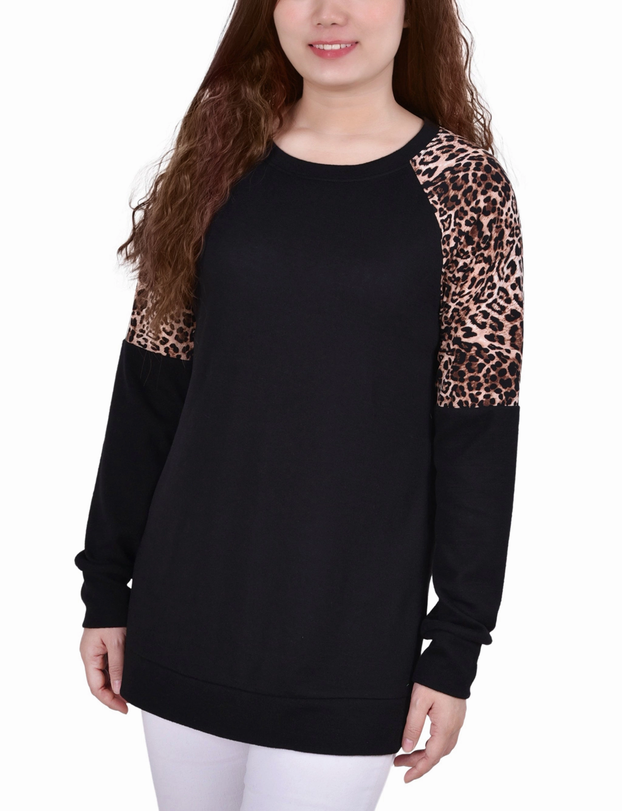 Bonded Seam Durability Petite Long Raglan Sleeve Top With Animal Print Insets