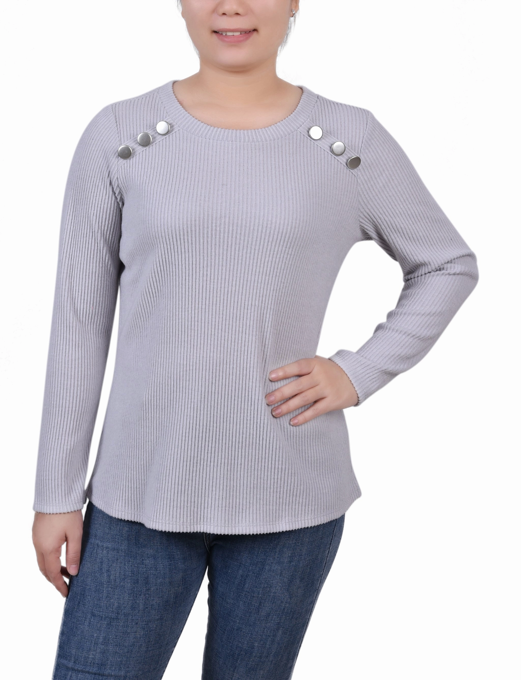 Petite Long Sleeve Ribbed Button Detail Top Classic Cut Hydrophobic Surface Treatment