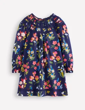 Pretty Lace Trim Jersey Dress-College Navy Pansy Bed Flared-Hem Chill Comfort